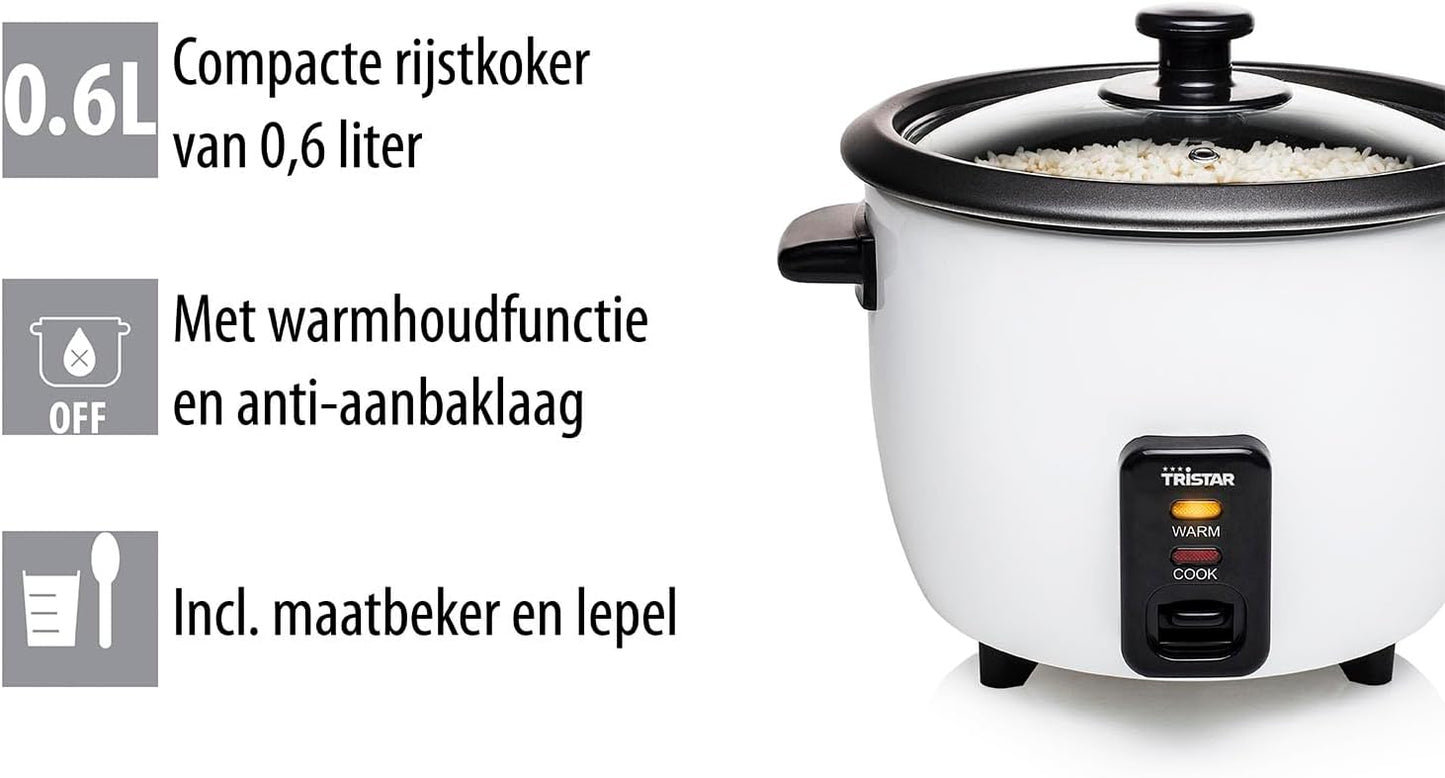 Tristar Rijstkoker – 2.2 liter – warmhoudfunctie - Silver Over dit item Mini rijstkoker met een inhoud van 0,6 liter voor 3 porties rijst. Lengte netsnoer (m): 1,1 m. Diameter: 17 cm Veilig in gebruik dankzij droogkookbeveiliging Zachte en heerlijke rijst