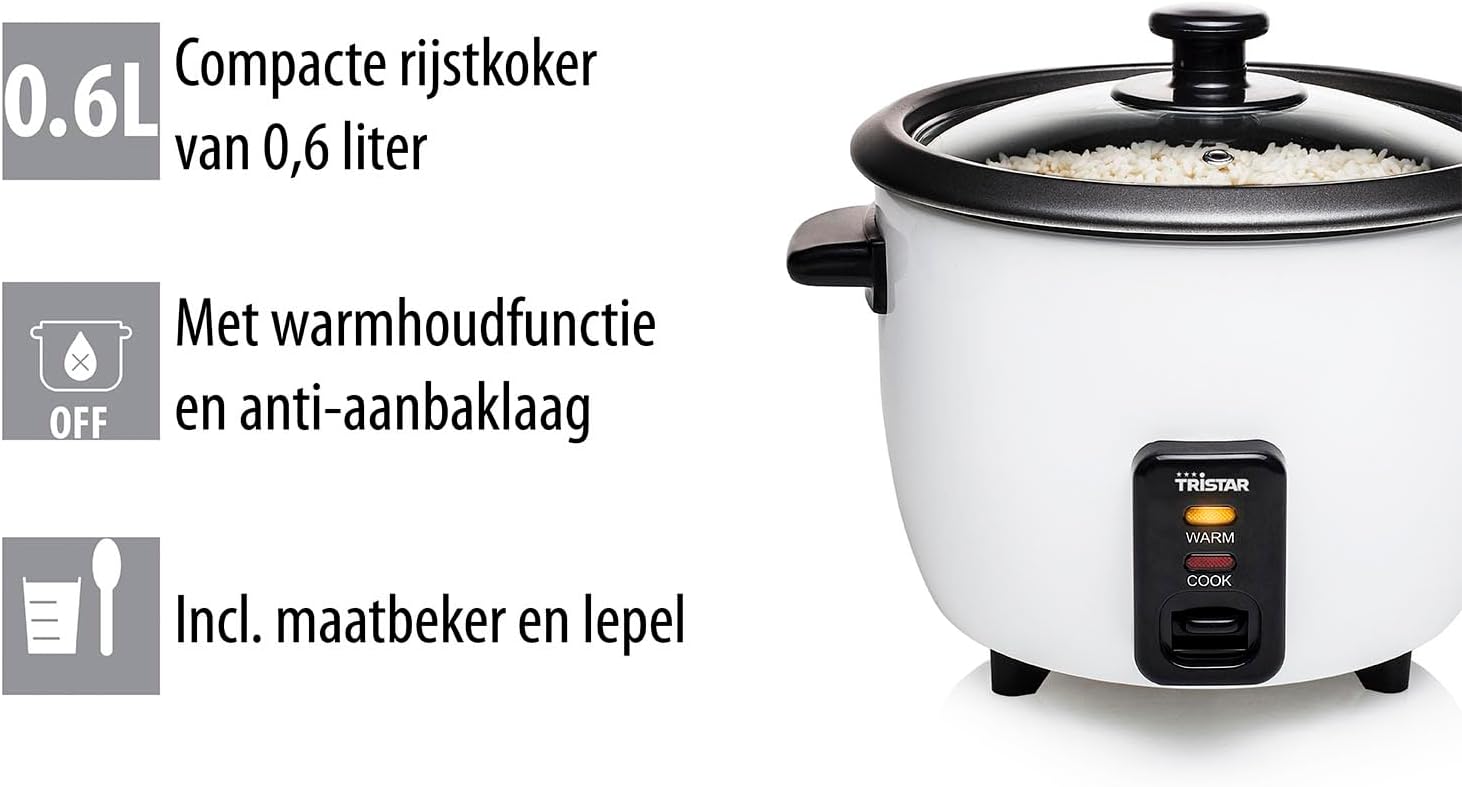 Tristar Rijstkoker – 2.2 liter – warmhoudfunctie - Silver Over dit item Mini rijstkoker met een inhoud van 0,6 liter voor 3 porties rijst. Lengte netsnoer (m): 1,1 m. Diameter: 17 cm Veilig in gebruik dankzij droogkookbeveiliging Zachte en heerlijke rijst