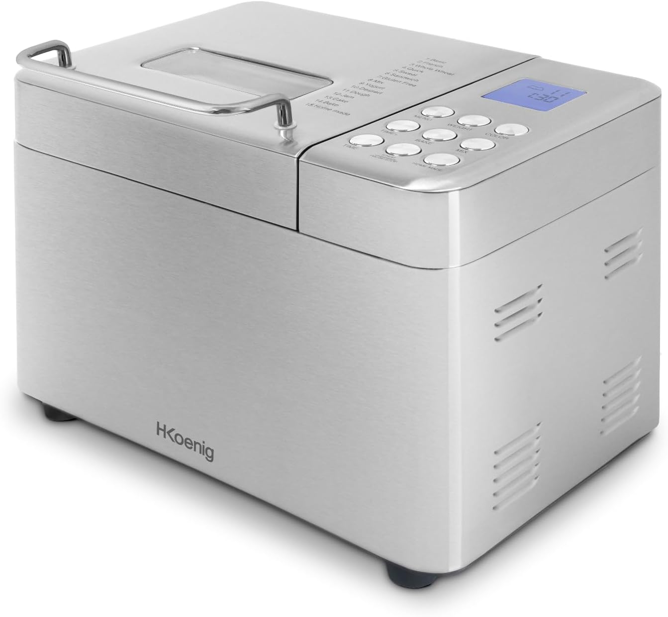 H.Koenig Broodbakmachine BAKE440 15 programma's [Veelzijdig]: deze broodbakmachine biedt drie verschillende broodmaten - 500 g, 750 g en 1000 g - en 15 geïntegreerde programma's, waaronder een glutenvrij programma en extra opties zoals jam en yoghurt. [Ge