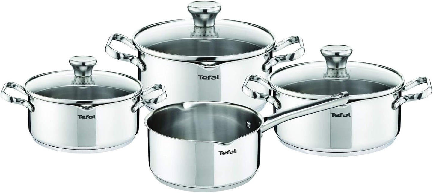 Tefal Duetto Steelpan met Glazen Deksel Roestvrij Staal Gemaakt van duurzaam en kwalitiatief 18/10 roestvrij staal en daarom komt de pan met 10 jaar garantie Stevig geklonken handgrepen voor extra comfort tijdens het koken Incl. maatverdeling aan de binne