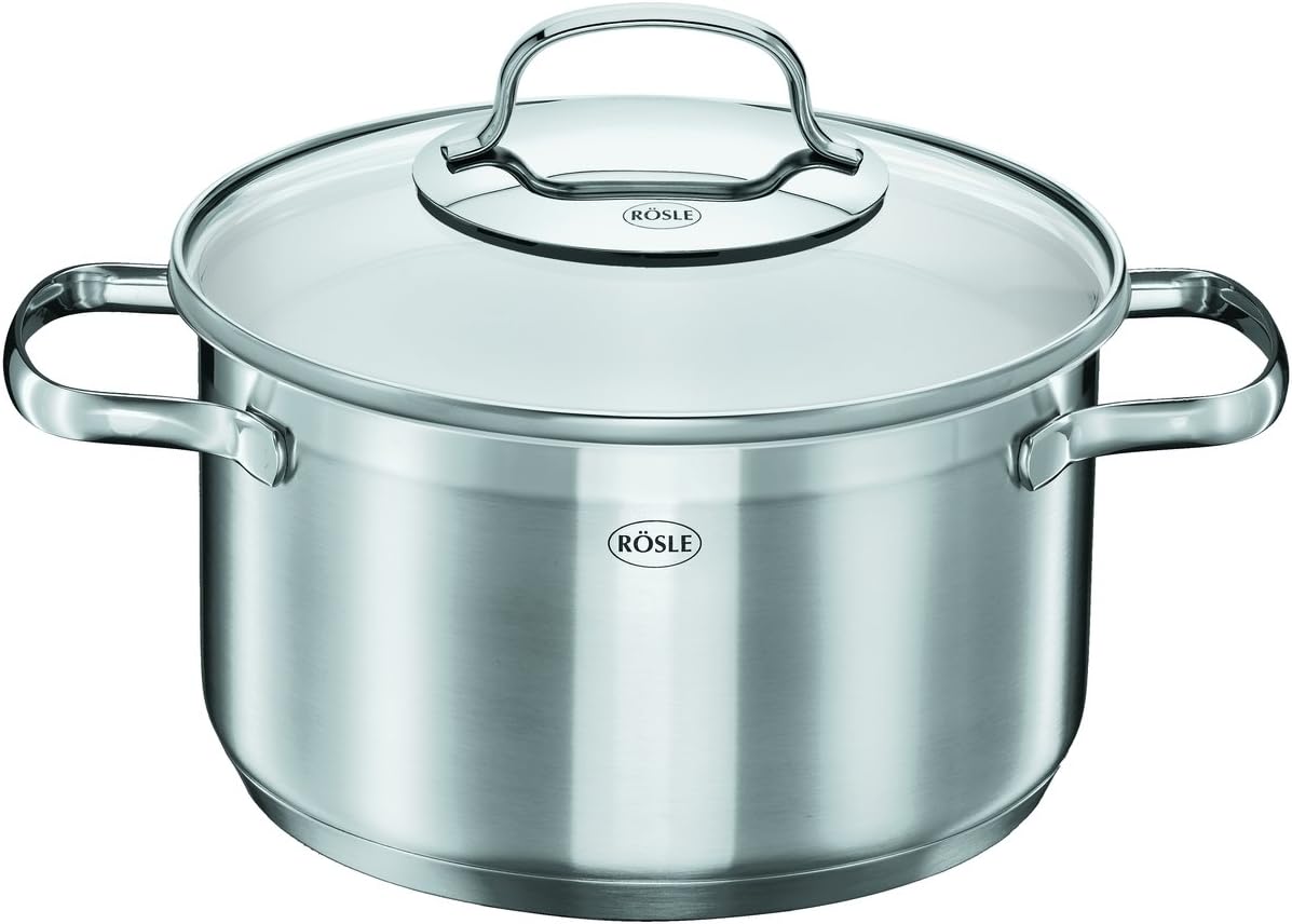 Rösle Elegance Pannenset, 10-delig, Roestvrij staal Over dit item Rösle Elegance, de pannenset van roestvrij staal, bestaat uit: Braadpan (20 cm) en kookpan (16/20/24 cm) inclusief glazen deksel, stoominzet (20 cm), sauspan met steel (16 cm), melkpan (14