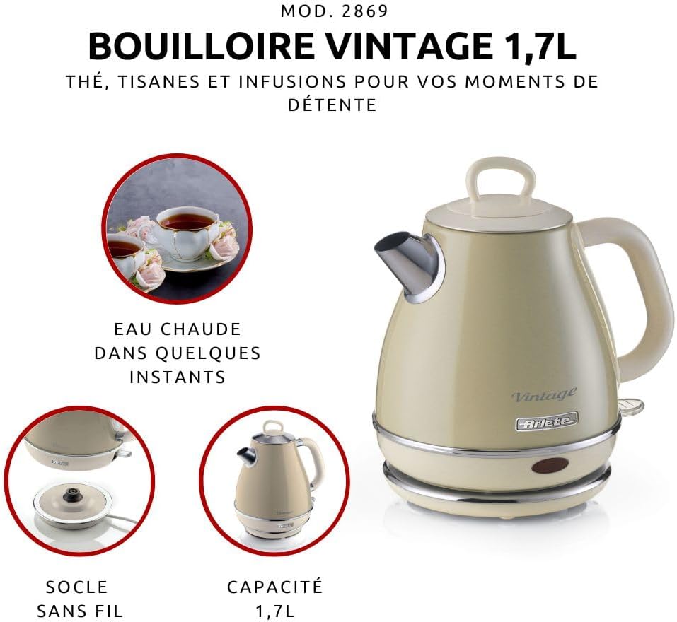 Ariete Vintage waterkoker retro draadlooz 1600 W Over dit item Krachtig: Met een inhoud van 1 liter en een vermogen van 1600 watt kan met deze vintage waterkoker je water in enkele minuten aan de kook worden gebracht om koffie en thee te bereiden. HOOGWAA