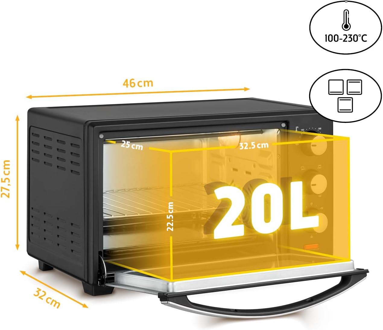 TZS First Austria Minioven I 1380W I Roestvrij staal I Dubbel glas I Temperatuurbereik: tot 230 °C I 19l inhoud I 60 min timer I 5,8kg I Zwart RUIMTE 20 LITRE OVEN: De grote ovenholte van 20 liter biedt genoeg ruimte voor je dagelijkse kook- en bakbehoeft