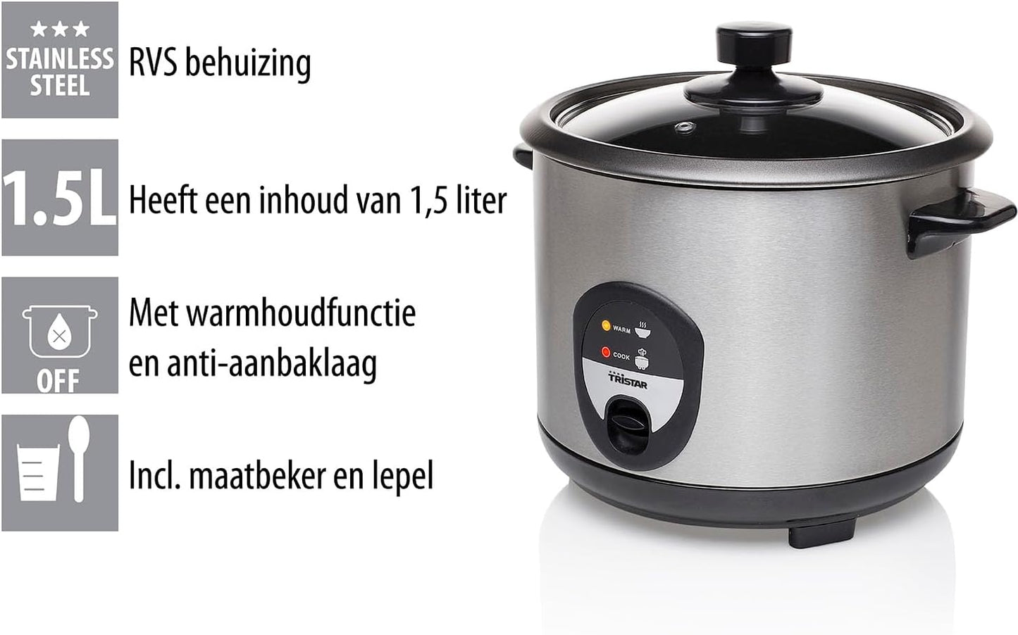 Tristar Rijstkoker – 2.2 liter – warmhoudfunctie - Silver Over dit item Mini rijstkoker met een inhoud van 0,6 liter voor 3 porties rijst. Lengte netsnoer (m): 1,1 m. Diameter: 17 cm Veilig in gebruik dankzij droogkookbeveiliging Zachte en heerlijke rijst
