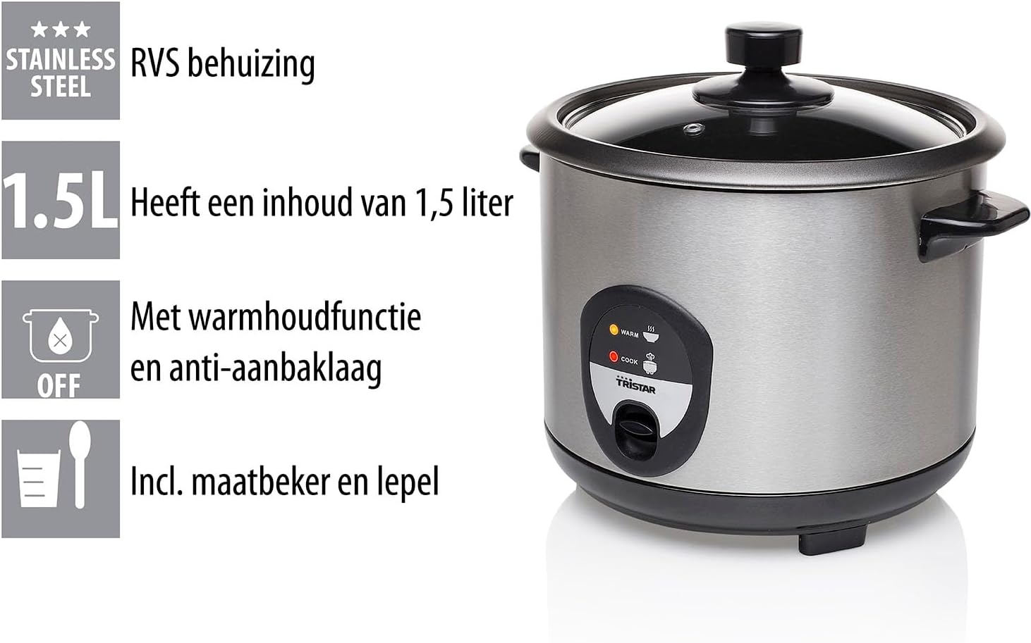 Tristar Rijstkoker – 2.2 liter – warmhoudfunctie - Silver Over dit item Mini rijstkoker met een inhoud van 0,6 liter voor 3 porties rijst. Lengte netsnoer (m): 1,1 m. Diameter: 17 cm Veilig in gebruik dankzij droogkookbeveiliging Zachte en heerlijke rijst