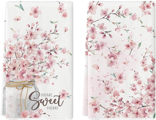 Artoid Mode Sakura Vaas Bladeren Lente Keuken Handdoeken Vaatdoeken, 42x65 cm Seizoensgebonden Home Sweet Home Polyester Decoratie Handdoeken Set van 2 Ideaal als cadeau. Extreem zacht gevoel, stijlvol ontwerp met meerdere kleuren die passen bij elk keuke