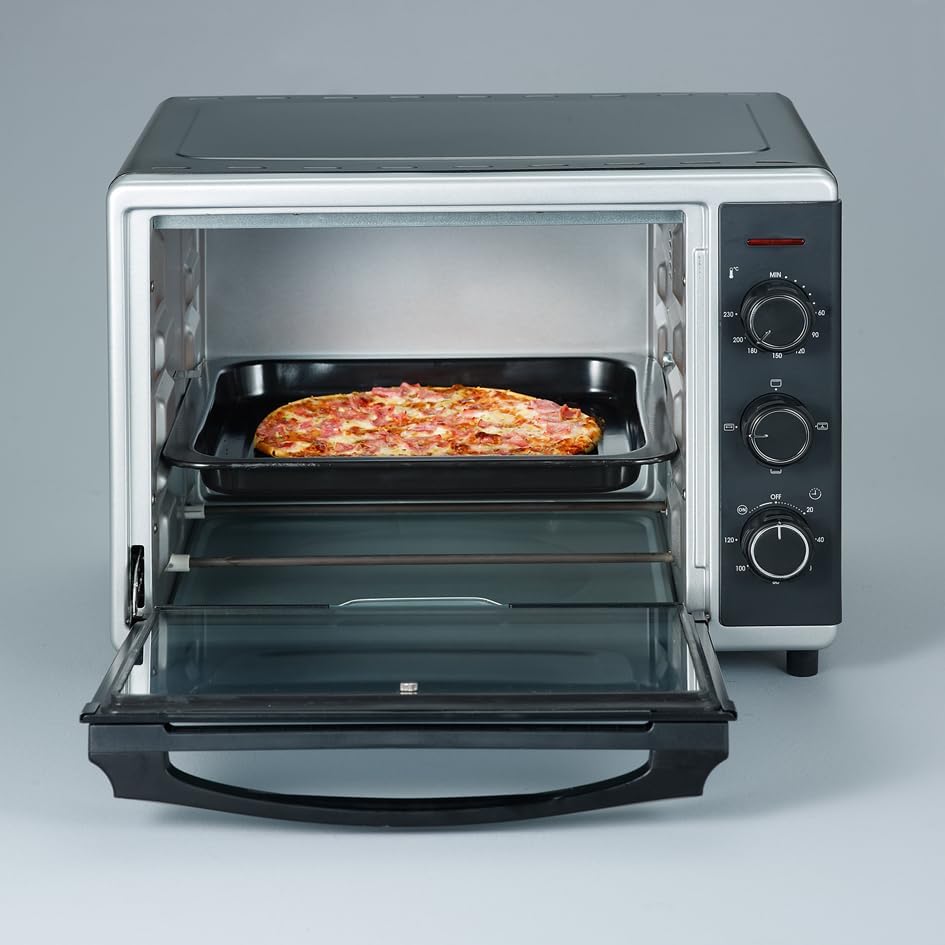 SEVERIN bak- en toastoven met heteluchtfunctie, mini-oven met grillrooster en bakplaat, 30 L inhoud, 1.600 W, zilver/zwart, TO 2056 [Energieklasse B] Betrouwbare en praktische bak- en toastoven met circulatiefunctie voor het bereiden van ovengerechten zoa