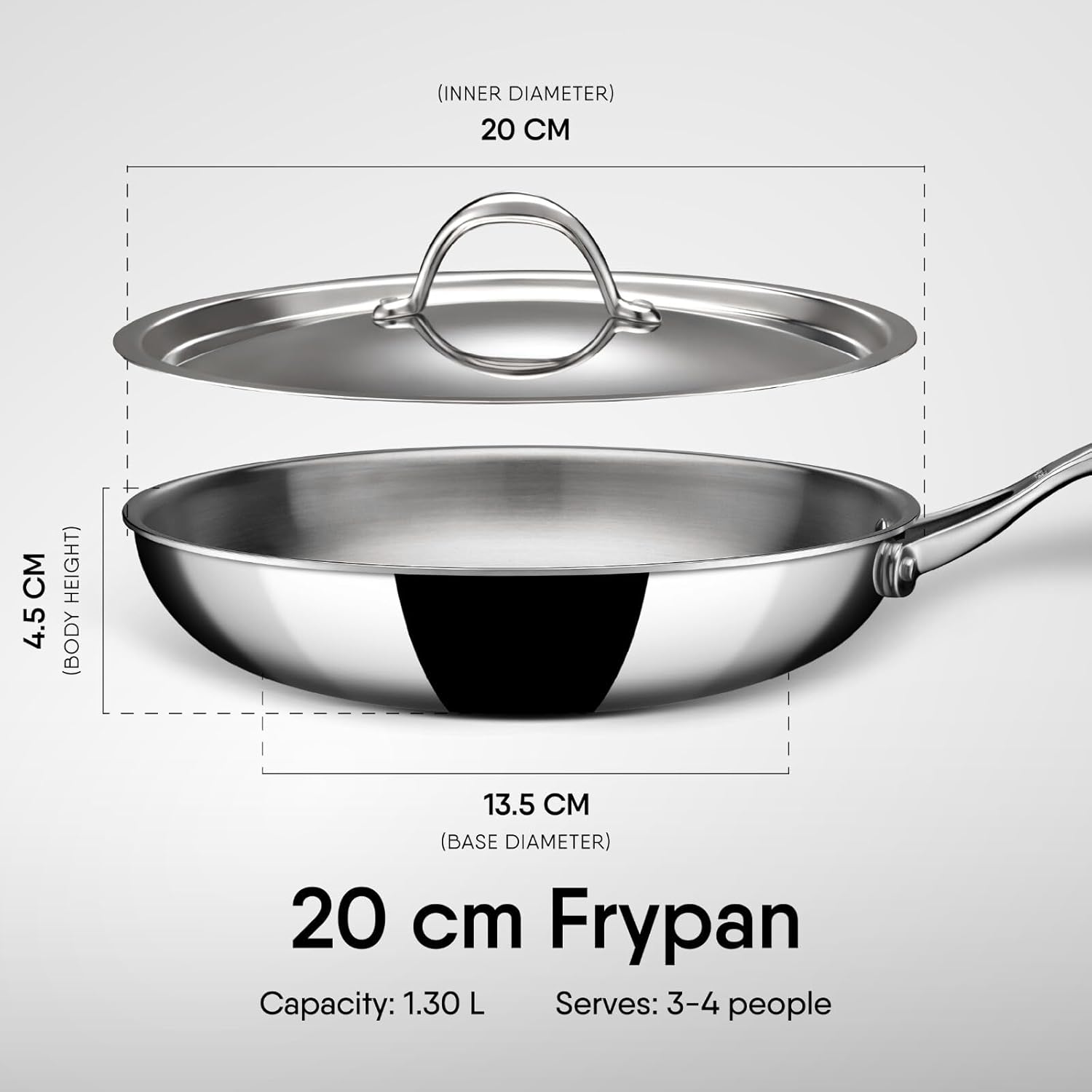 Roestvrijstalen pan met deksel diameter 20 cm, 1,3 l voor 2 personen Triply: Deze pan is gemaakt met een speciale drielaagse constructie die uitstekende warmtegeleiding en duurzaamheid garandeert, terwijl het contact van voedsel met aluminium voorkomt, wa