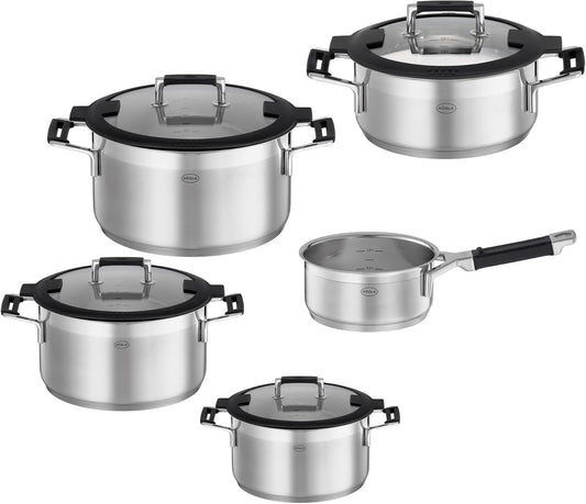 RÖSLE SILENCE PRO 5-delige pannenset met schaalverdeling RÖSLE SILENCE PRO 5-delige pannenset, Hoogwaardige universele pannenset met 3 kookpotten en 1 braadpan incl glazen deksel voor het dichtschroeien van vlees en het bereiden van knoedels, groenten en
