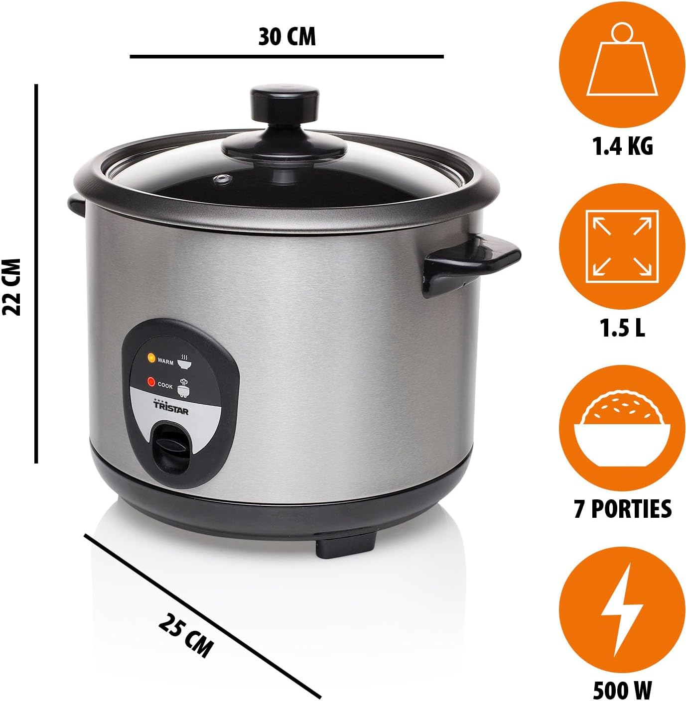 Tristar Rijstkoker – 2.2 liter – warmhoudfunctie - Silver Over dit item Mini rijstkoker met een inhoud van 0,6 liter voor 3 porties rijst. Lengte netsnoer (m): 1,1 m. Diameter: 17 cm Veilig in gebruik dankzij droogkookbeveiliging Zachte en heerlijke rijst