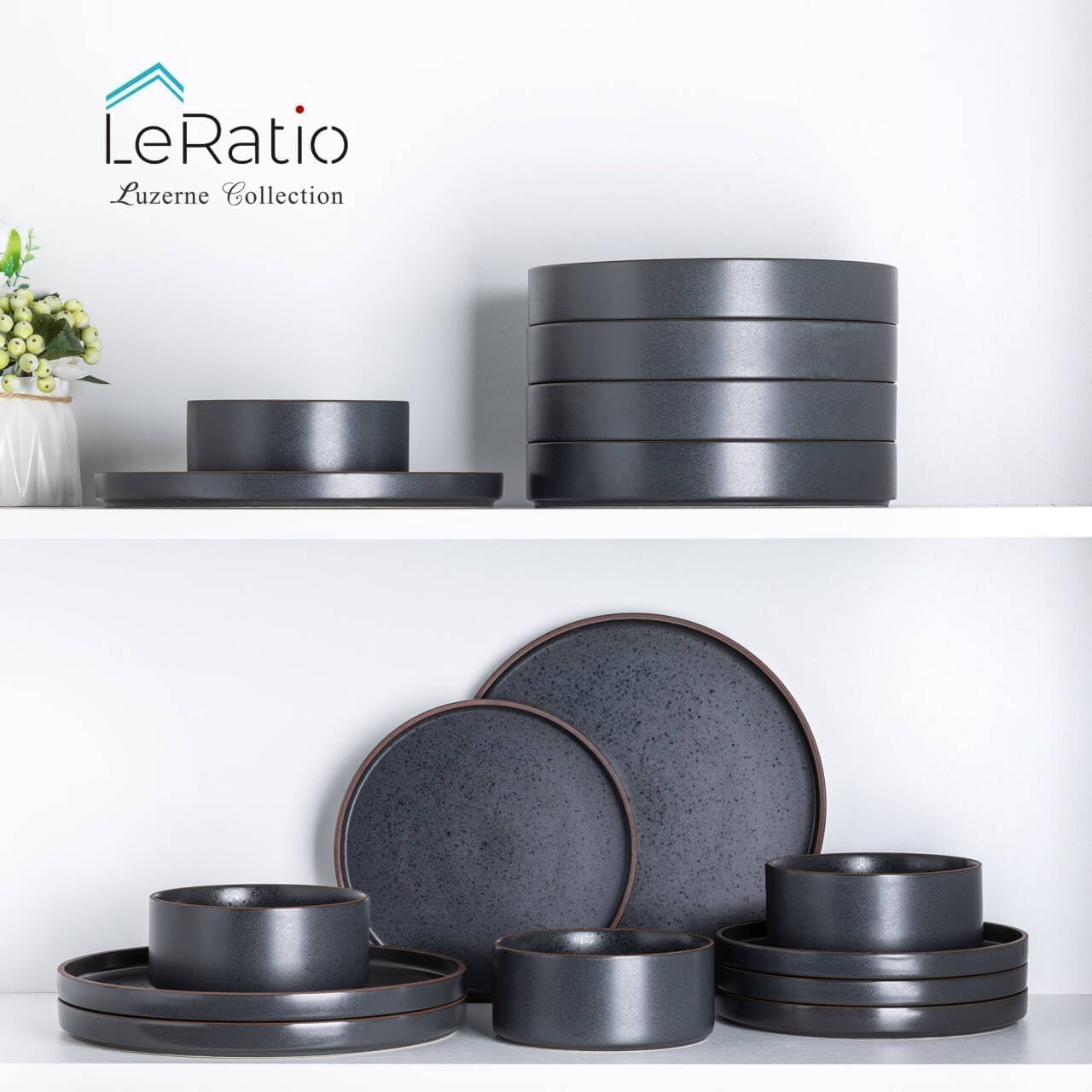 LeRatio Diner Set voor 6, 18-delige set borden en kommen van aardewerk, chip- en krasbestendig serviesset, oven- en vaatwasser- en magnetronbestendige serviesset (gespikkelde zwart-witte rand, servies LeRatio Diner Set voor 6, 18-delige set borden en komm