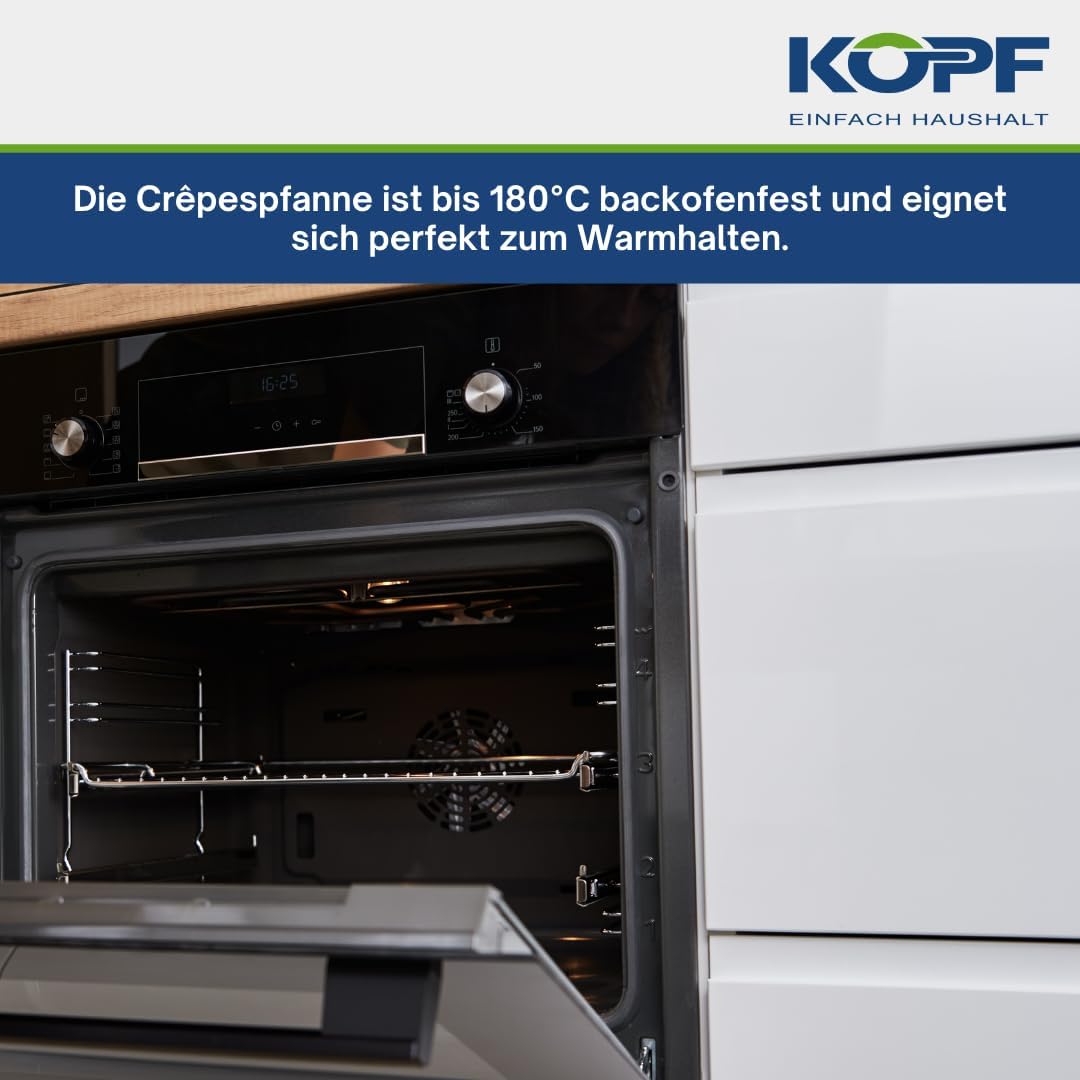 Kopf Crêpepan Pannenkoekpan Marra 28 cm, ILAG-coating, inductie met deegverdeler Type: pannenkoekenpan van stevig gegoten aluminium met een diameter van 28 cm - incl. deegverdeler van hout Coating: krasbestendige en duurzame ILAG anti-aanbaklaag voor veta
