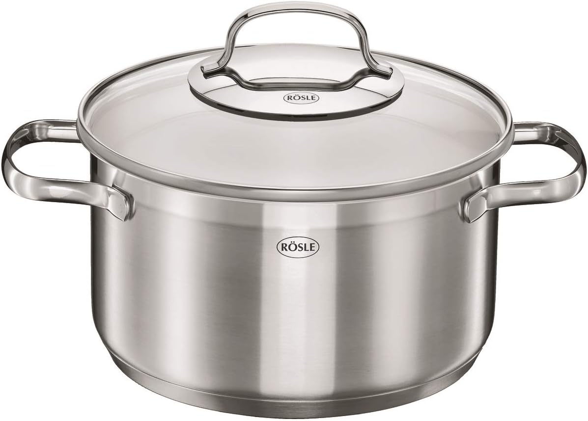 Rösle Elegance Pannenset, 10-delig, Roestvrij staal Over dit item Rösle Elegance, de pannenset van roestvrij staal, bestaat uit: Braadpan (20 cm) en kookpan (16/20/24 cm) inclusief glazen deksel, stoominzet (20 cm), sauspan met steel (16 cm), melkpan (14