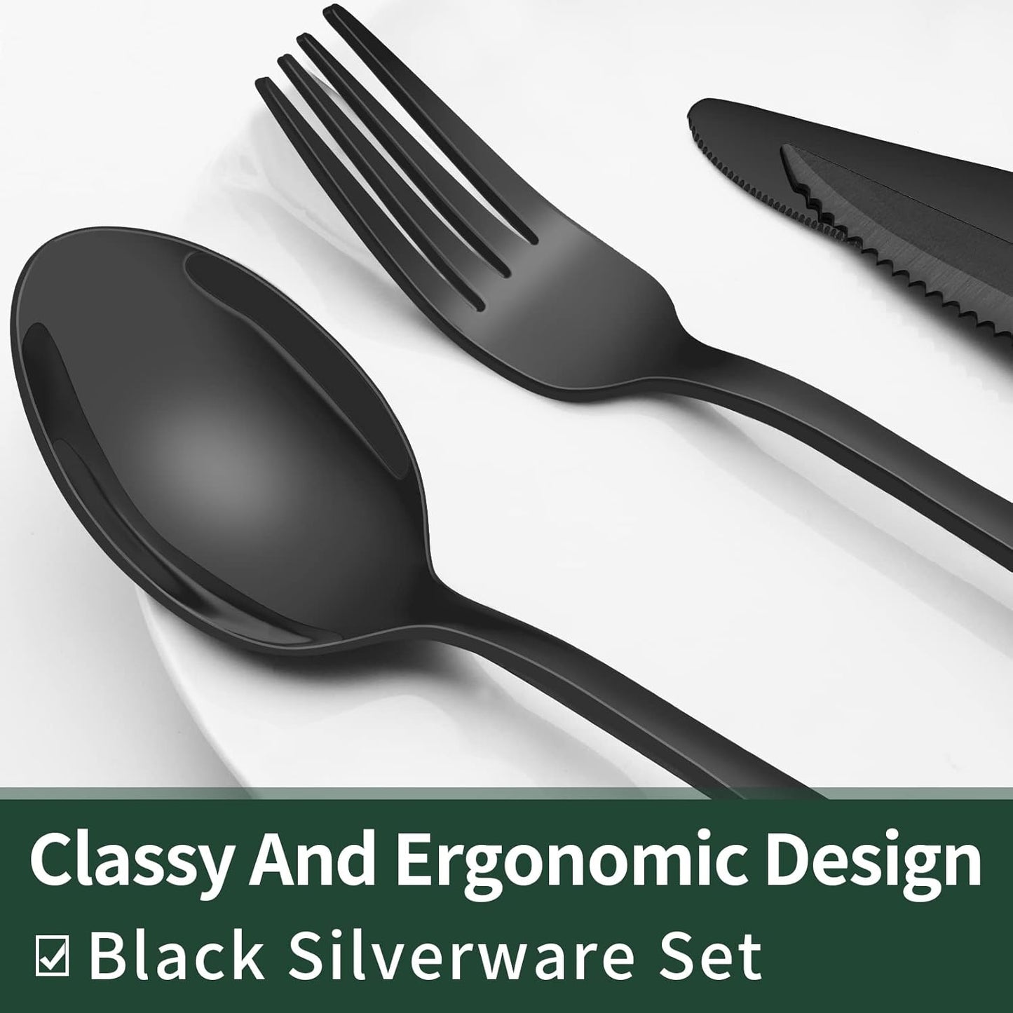 24-delige set zwarte zilverproducten met steakmessen voor 4 personen Over dit item Verhoog uw eetervaring met onze EWFEN 24-delige zwarte zilverwerkset, ontworpen voor 4 couverts. Deze set bevat 4 dinervorken, 4 slavorken, 4 eetlepels, 4 dessertlepels, 4