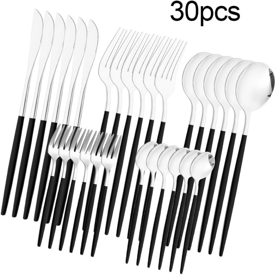 30Pcs Zilverwerk Set, Zwart Roestvrij Staal Bestek Set Spiegel Gepolijst Over dit item Zilverwerk Set met elegante uitstraling past bij bijna alle stijlen van servies en keukens.Of u nu kiest voor handwas en drogen, of machinewas, ons zilverwerk blijft br