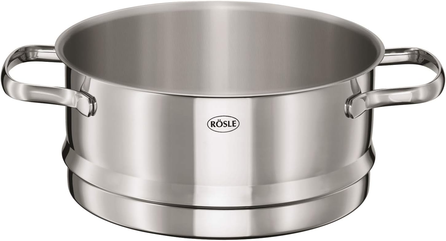 Rösle Elegance Pannenset, 10-delig, Roestvrij staal Over dit item Rösle Elegance, de pannenset van roestvrij staal, bestaat uit: Braadpan (20 cm) en kookpan (16/20/24 cm) inclusief glazen deksel, stoominzet (20 cm), sauspan met steel (16 cm), melkpan (14