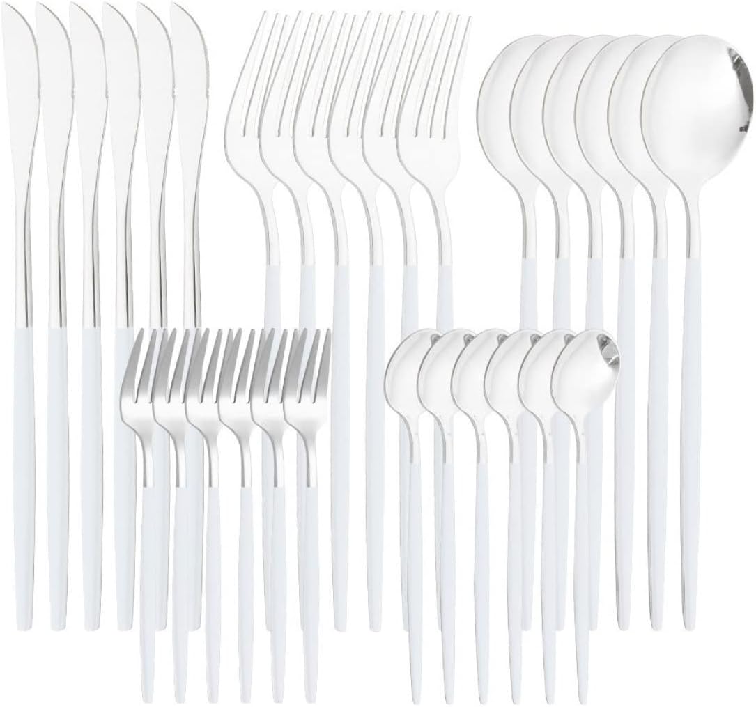 30Pcs Zilverwerk Set, Zwart Roestvrij Staal Bestek Set Spiegel Gepolijst Over dit item Zilverwerk Set met elegante uitstraling past bij bijna alle stijlen van servies en keukens.Of u nu kiest voor handwas en drogen, of machinewas, ons zilverwerk blijft br