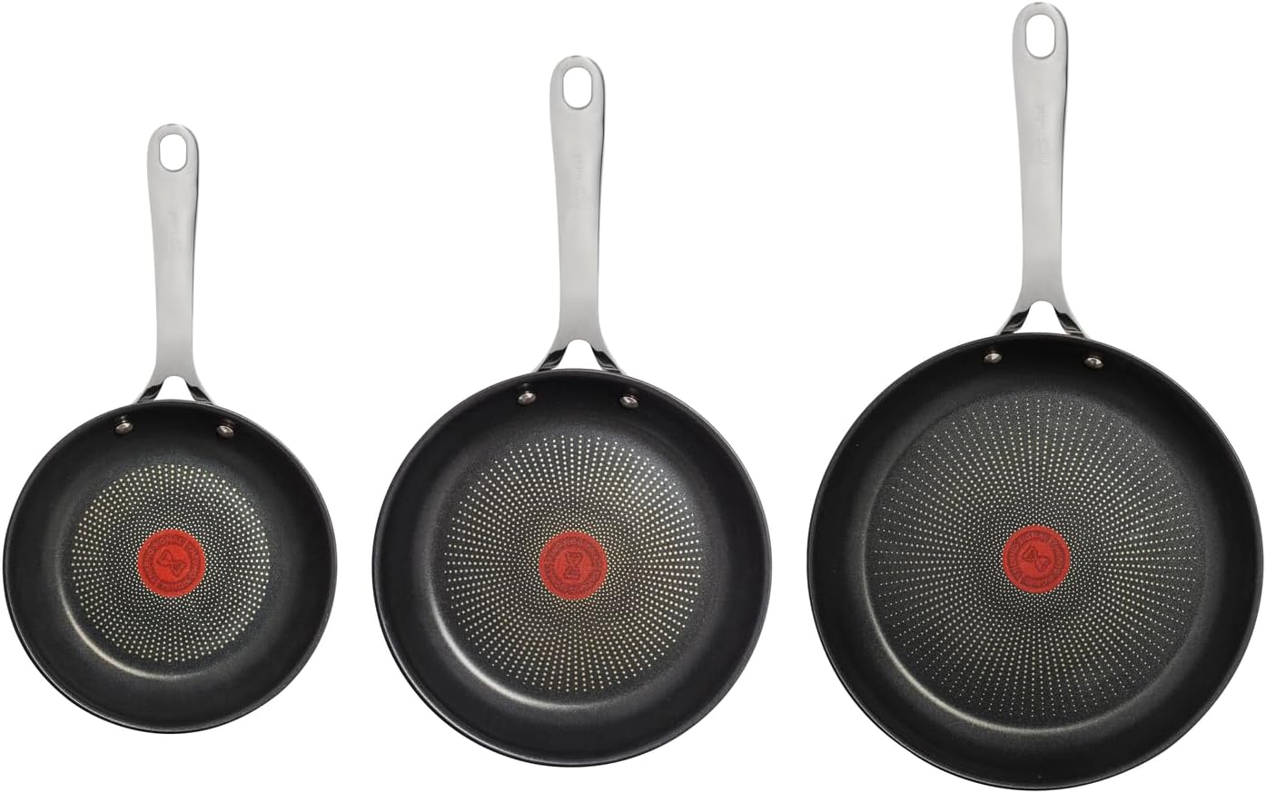 Jamie Oliver Cook's Direct 5-delige pannenset Duurzame coating versterkt met titanium deeltjes, waardoor deze krasbestendig en gemakkelijker schoon te maken is Hoogwaardige pannen die veilig zijn voor het hele gezin, zonder PFOA, lood of cadmium Geschikt
