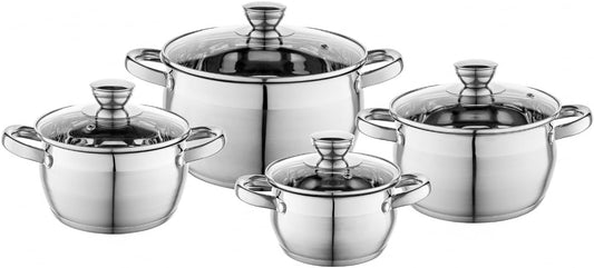 Pannenset OLIVER 4-delig set Roestvrij staal met Glazen deksel Over dit item 4-delige pannenset: De set bevat pannen met een inhoud van: 1,3 L, 1,8 L, 2,5 L, 3,4 L – elk met een bijpassend deksel van gehard glas met ontluchtingsopening. Acero inoxidable d
