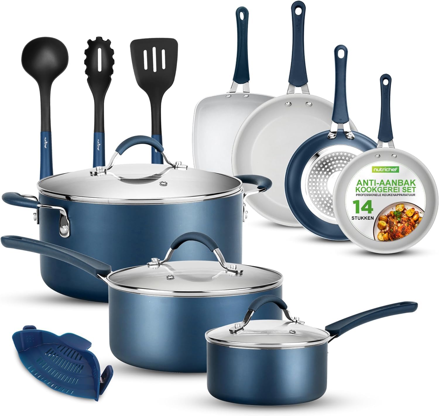 NutriChef Pannenset 14-delige Antiaanbak Kookset- Kookpannenset Over dit item 14-DELIGE SET: NutriChef biedt een 14-delige antiaanbak kookset, inclusief een sauspan van 1,4 liter en 2,4 liter met deksels, een braadpan van 4,7 liter met deksel, een grote k