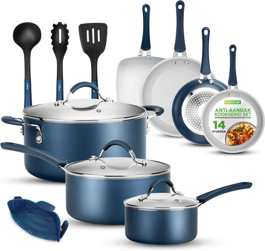 NutriChef Pannenset 14-delige Antiaanbak Kookset- Kookpannenset Over dit item 14-DELIGE SET: NutriChef biedt een 14-delige antiaanbak kookset, inclusief een sauspan van 1,4 liter en 2,4 liter met deksels, een braadpan van 4,7 liter met deksel, een grote k