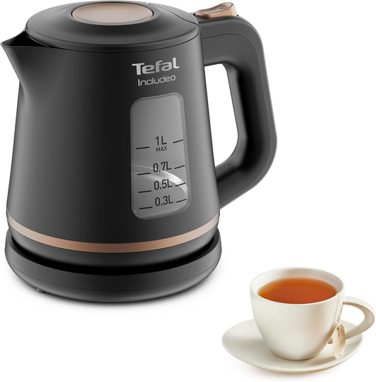 Tefal Includeo waterkoker 1 liter, Anti kalkfilter, Waterniveau indicator, Ruime schenktuit Over dit item De schenktuit maakt gemakkelijk serveren mogenlijk. 1 liter inhoud en matig gewicht voor eenvoudiger gebruik en service. Openen van het deksel door s