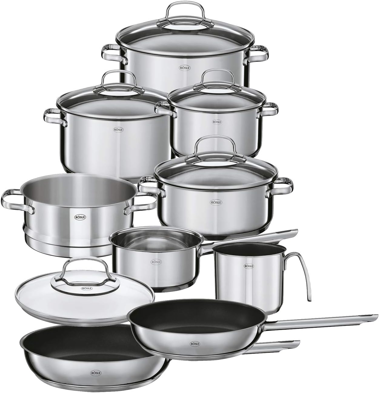 Rösle Elegance Pannenset, 10-delig, Roestvrij staal Over dit item Rösle Elegance, de pannenset van roestvrij staal, bestaat uit: Braadpan (20 cm) en kookpan (16/20/24 cm) inclusief glazen deksel, stoominzet (20 cm), sauspan met steel (16 cm), melkpan (14