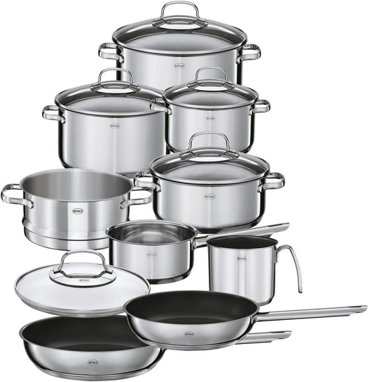 Rösle Elegance Pannenset, 10-delig, Roestvrij staal Over dit item Rösle Elegance, de pannenset van roestvrij staal, bestaat uit: Braadpan (20 cm) en kookpan (16/20/24 cm) inclusief glazen deksel, stoominzet (20 cm), sauspan met steel (16 cm), melkpan (14