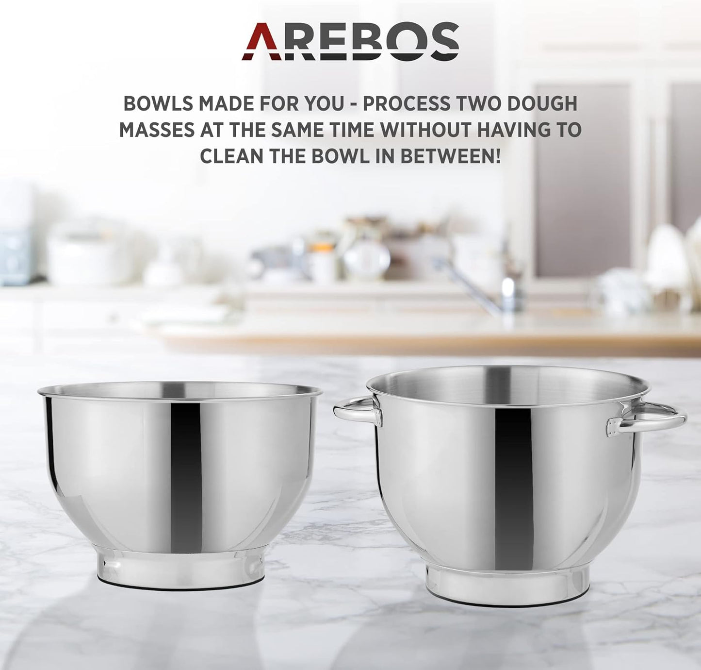 Arebos Keukenmachine 1500W Cream | Mixer met 2x roestvrijstalen mengkommen | Geluidsarm | Keukenmixer met klopperhaak, kneedhaak, garde en spatscherm | 6 snelheden 【Krachtige 1500W-motor met 6 snelheidsinstellingen】De krachtige 1500W-motor is gemaakt is g