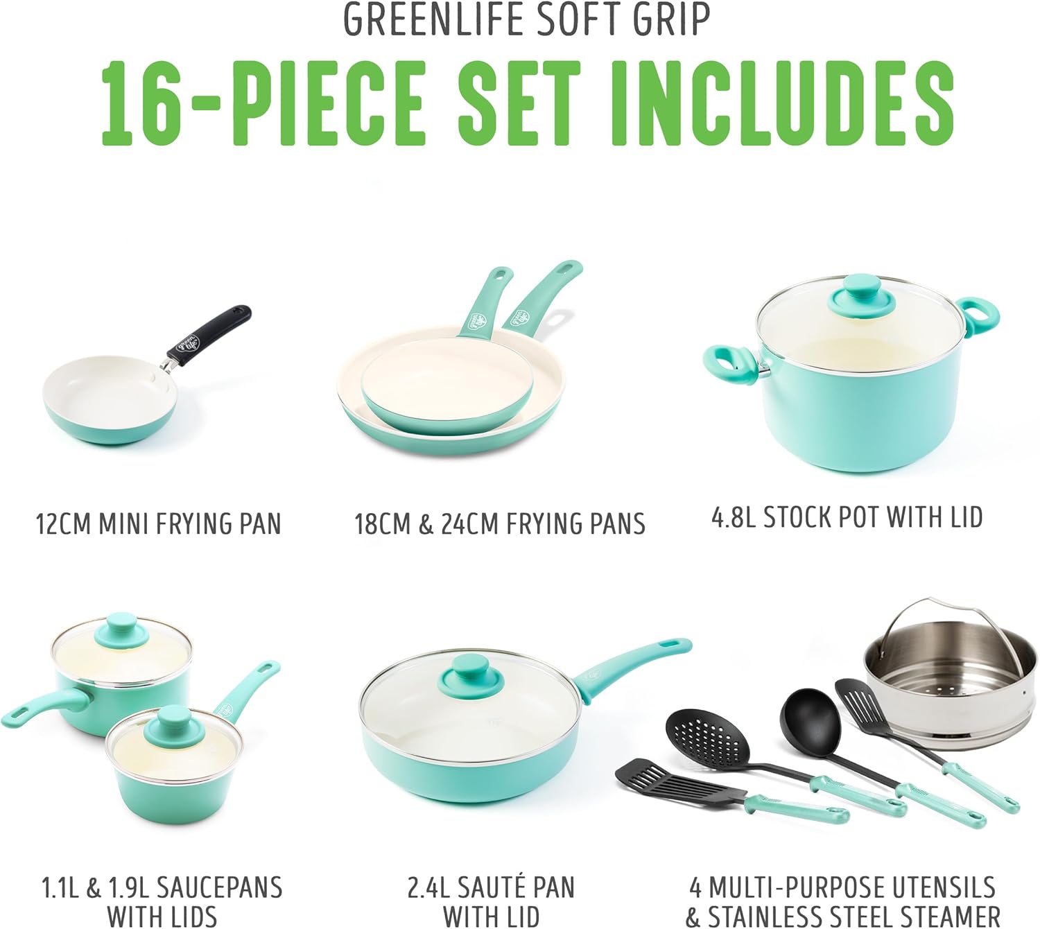 GreenLife Soft Grip Gezonde Keramische Antiaanbaklaag 16-delige Pannenset Over dit item DE POT EN PAN SET INCLUSIEF: 12 cm minikoekenpan, 18 cm en 24 cm koekenpan; 15 cm/1,1l en 18 cm/1,9l steelpan met deksel, 22 cm/4,8 kookpan met deksel, 24 cm/2,4l hapj