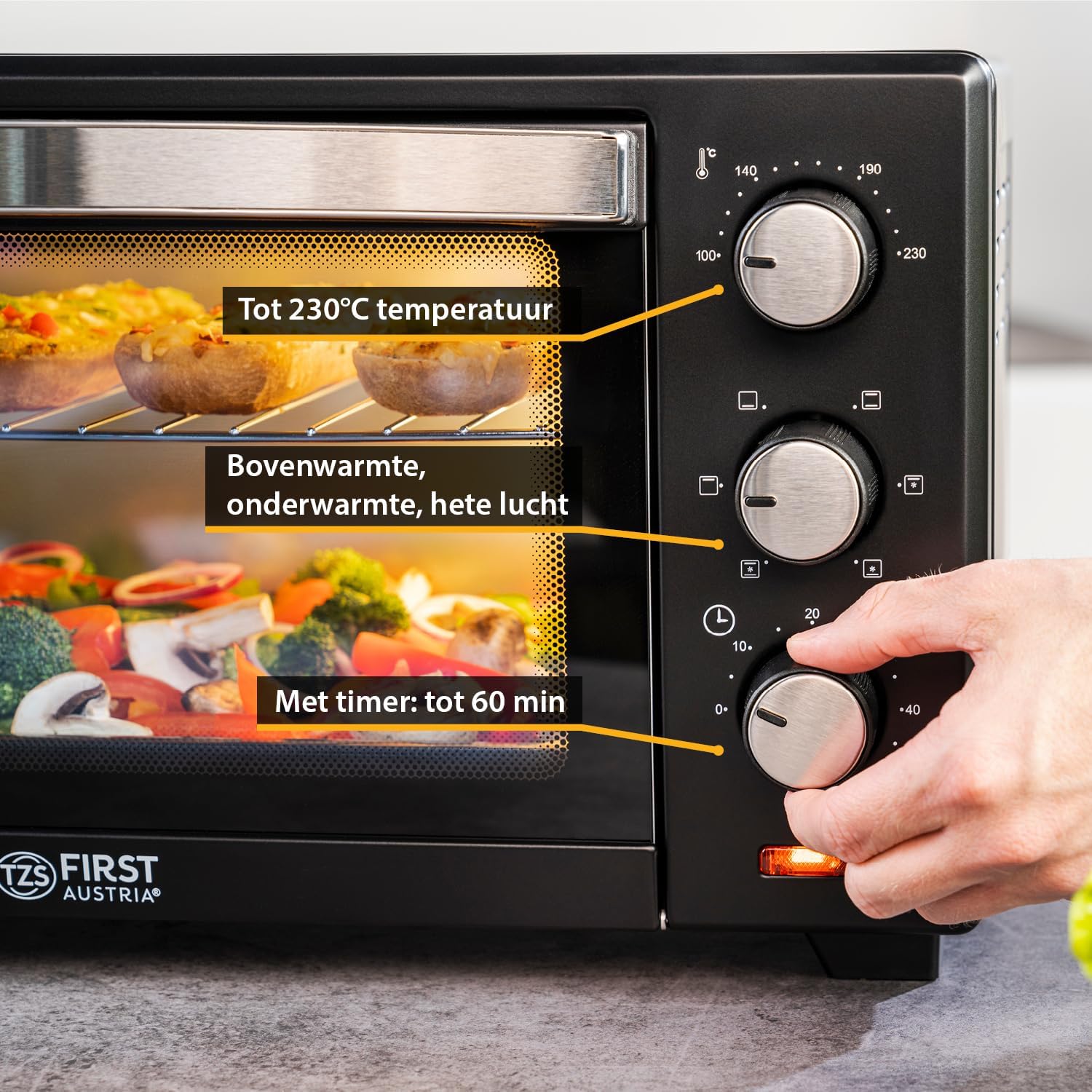 TZS First Austria Minioven I 1380W I Roestvrij staal I Dubbel glas I Temperatuurbereik: tot 230 °C I 19l inhoud I 60 min timer I 5,8kg I Zwart RUIMTE 20 LITRE OVEN: De grote ovenholte van 20 liter biedt genoeg ruimte voor je dagelijkse kook- en bakbehoeft