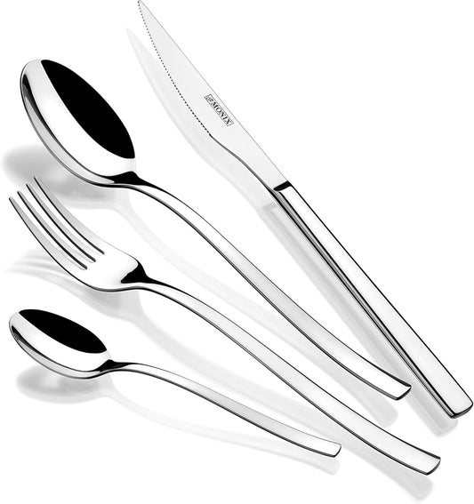Monix Génova Bestekset, 24-delig, met steakmes, roestvrij staal, voor 6 personen Over dit item Van hoogwaardig roestvrij staal 18/10 Hoogglans gepolijst Inhoud: 6 lepels, 6 vorken, 6 steakmessen, 6 koffielepels met melk Dikte: 2,5 mm Modern, modern design