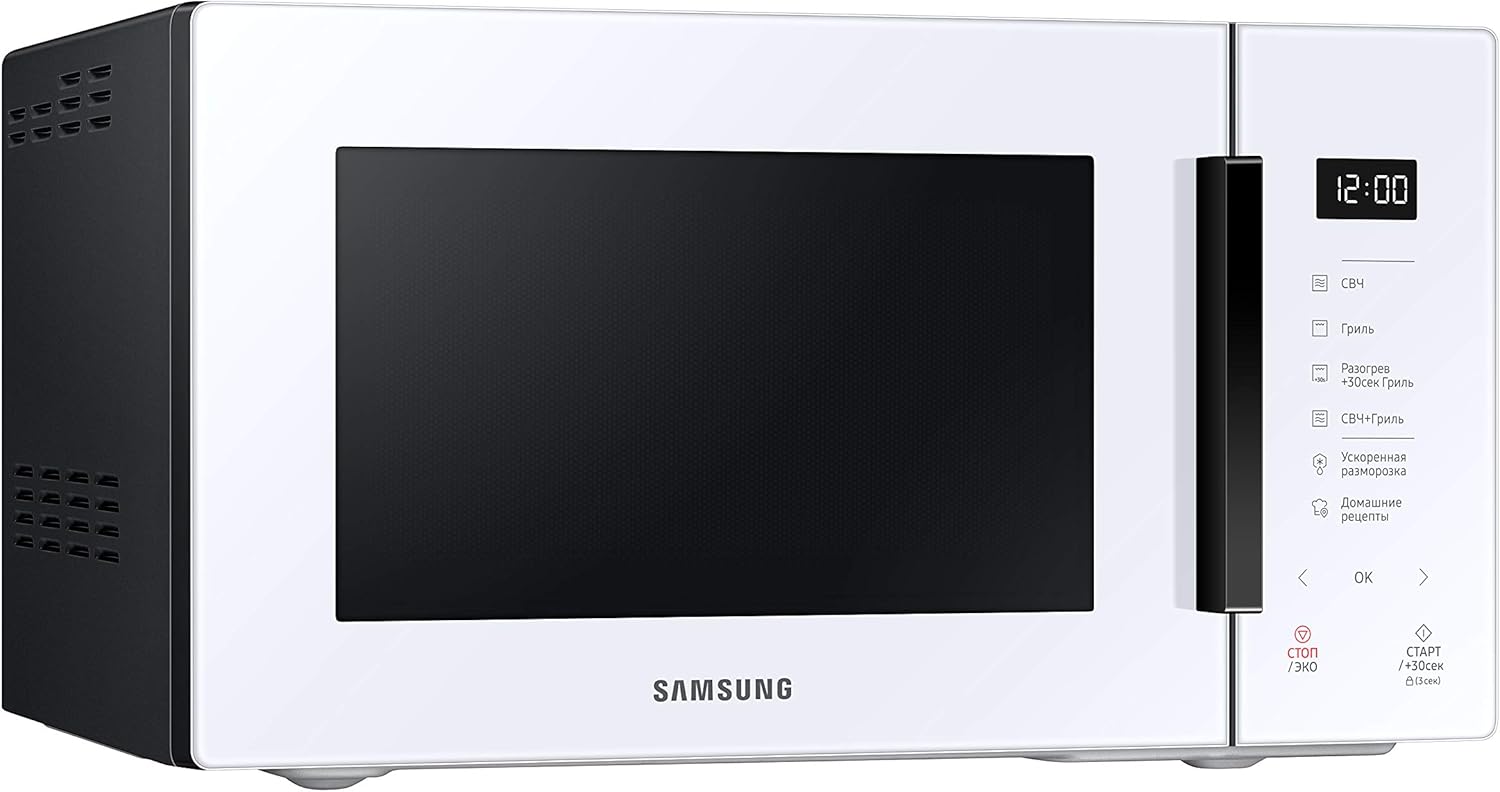 Samsung MG23T5018CP/ET Design AirFry, magnetron + grill 800 W + 1100 W, 23 l, 49 l x 27,5 h x 38 p, poeder Porseleinen gekleurd glasontwerp, aanraakpaneel dat bij je keuken past als een designelement. Samsung heeft een magnetron met een kleurrijk design g
