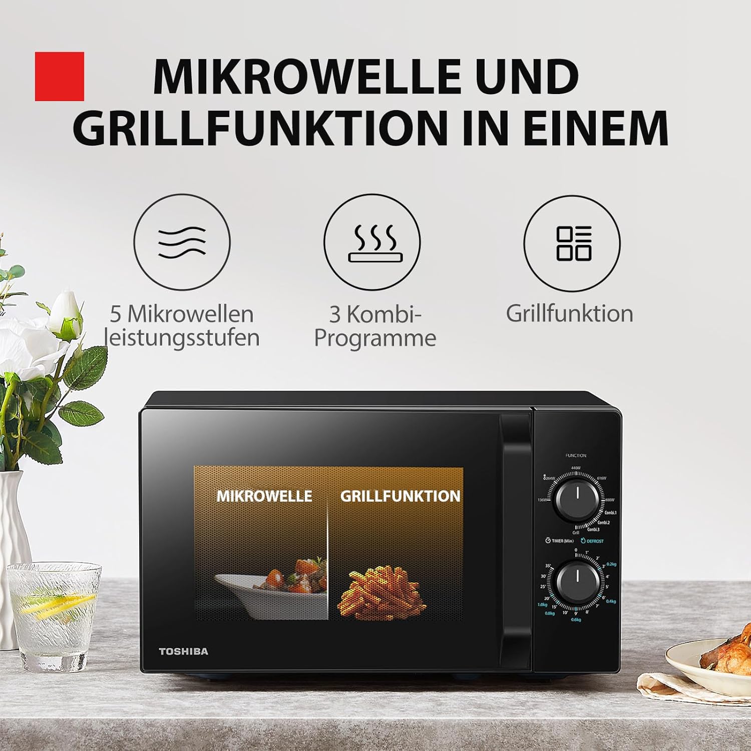 Toshiba MW2-MG20PF (BK) / GE magnetron met crispy grill & combi-functie, 5 vermogensniveaus, 1000 W grillvermogen, zwart Toshiba MW2-MG20PF (BK) /GE magnetron/magnetron met grill/20L 【Combinatiekoken】 Combinatiekoken is speciaal ontworpen voor het grillen