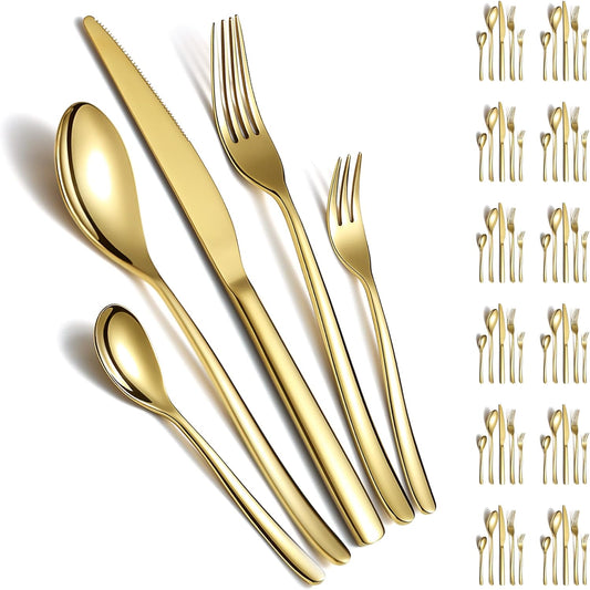 Berglander Gouden bestekset 60 stuks voor 12 personen Gouden bestekset 60 stuks voor 12 personen, gouden titanium plating roestvrij staal bestek Set, gouden lepels vorken messen set voor thuis, bruiloft, restaurant, hotel, vaatwasmachinebestendig 1. Ongeë