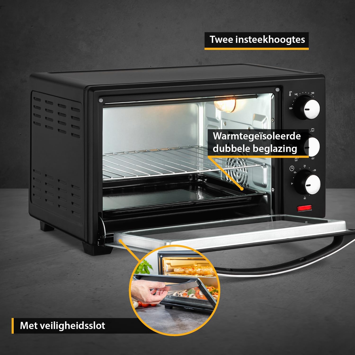 TZS First Austria Minioven I 1380W I Roestvrij staal I Dubbel glas I Temperatuurbereik: tot 230 °C I 19l inhoud I 60 min timer I 5,8kg I Zwart RUIMTE 20 LITRE OVEN: De grote ovenholte van 20 liter biedt genoeg ruimte voor je dagelijkse kook- en bakbehoeft