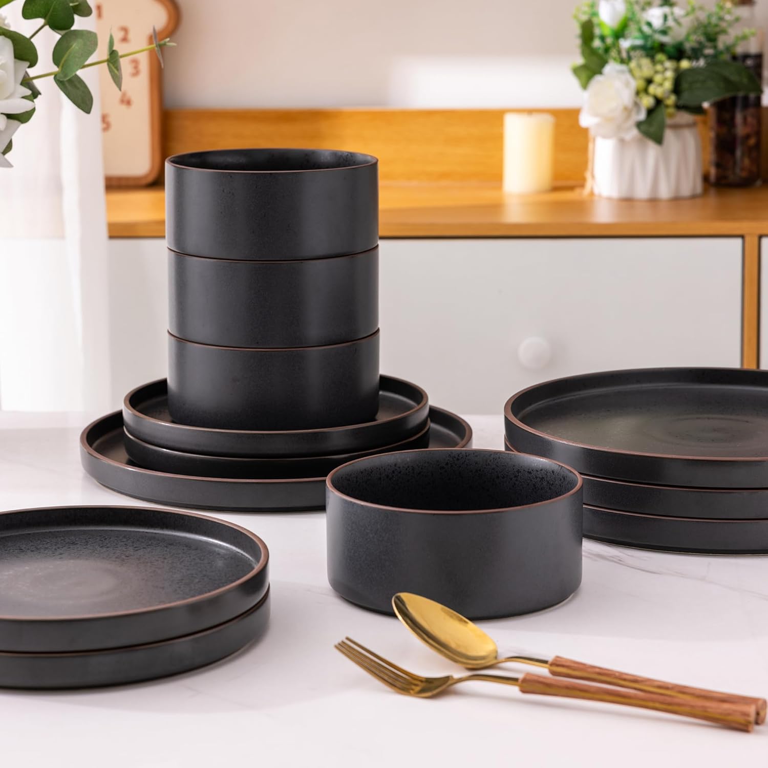 LeRatio Diner Set voor 6, 18-delige set borden en kommen van aardewerk, chip- en krasbestendig serviesset, oven- en vaatwasser- en magnetronbestendige serviesset (gespikkelde zwart-witte rand, servies LeRatio Diner Set voor 6, 18-delige set borden en komm