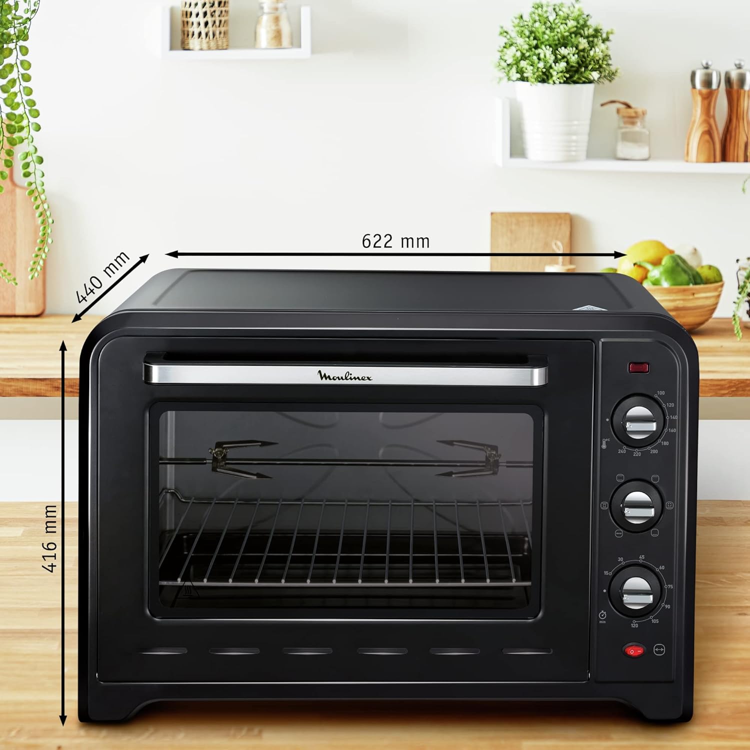 Moulinex Elektrische convectie oven 19 l compact Krachtige oven: compacte elektrische mini-oven met convectiewarmte, perfect voor dagelijkse gerechten Snel en homogeen koken: dankzij de roterende warmtefunctie krijg je in een mum van tijd perfecte bakresu