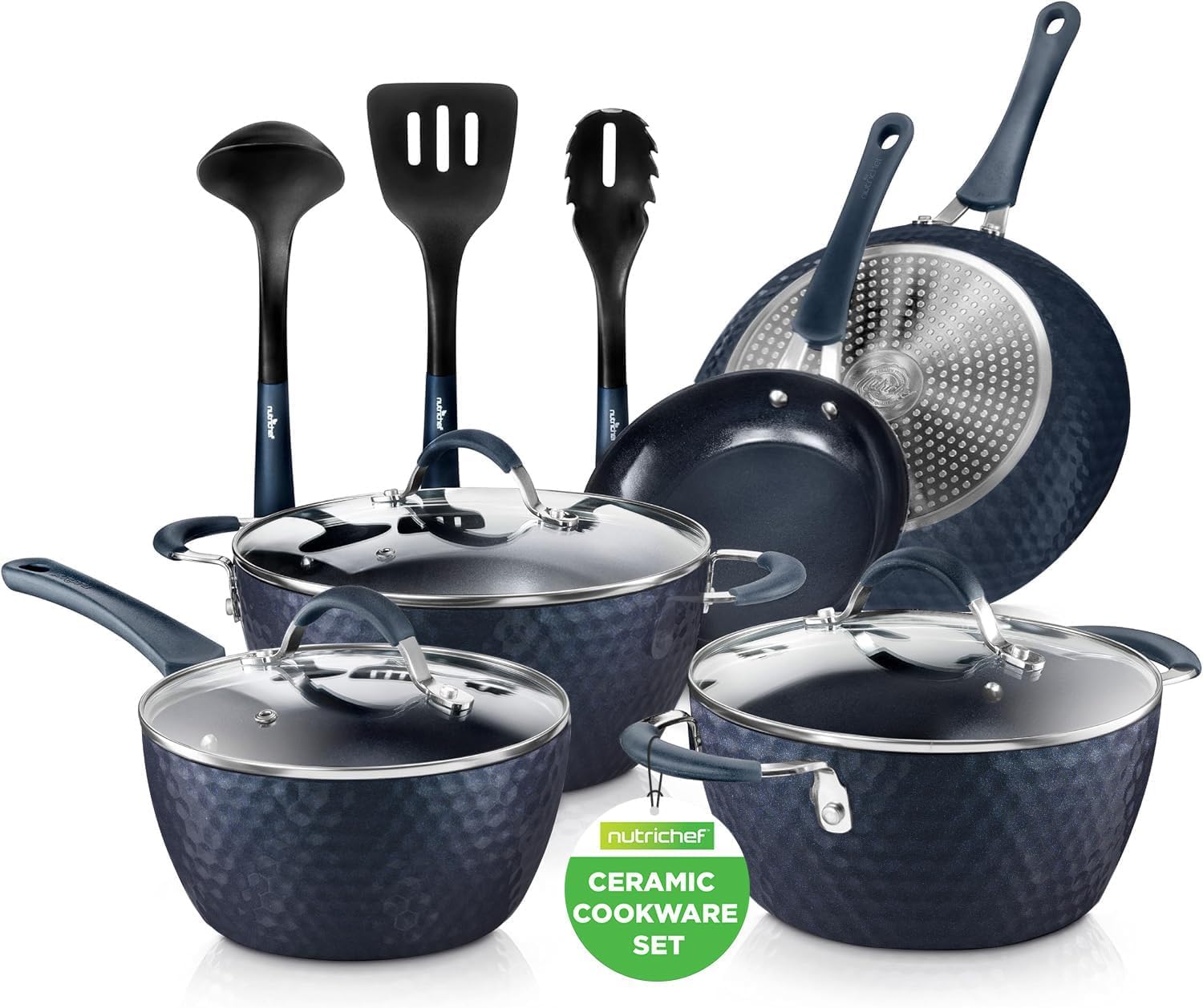NutriChef Pannenset 11-delige Pannenset Inductie-Kookpannenset 11-DELIGE SET: NutriChef biedt een 11-delige antiaanbak pannenset, inclusief een steelpan van 1,6 liter met deksel, een braadpan van 3,4 liter met deksel, een kookpan van 2 liter met deksel, e