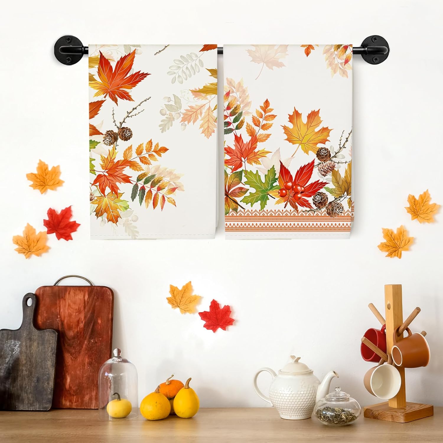 Arquiel Herfst esdoornbladeren theedoeken, 100% katoenen keukendoekset 50 x 11 inch, multifunctionele sneldrogende theedoeken, vaatdoeken, handdoeken, barhanddoeken (set van 4) Specificaties: Patroon: Esdoornbladeren, Eekhoorn Seizoen: lente, zomer, herfs