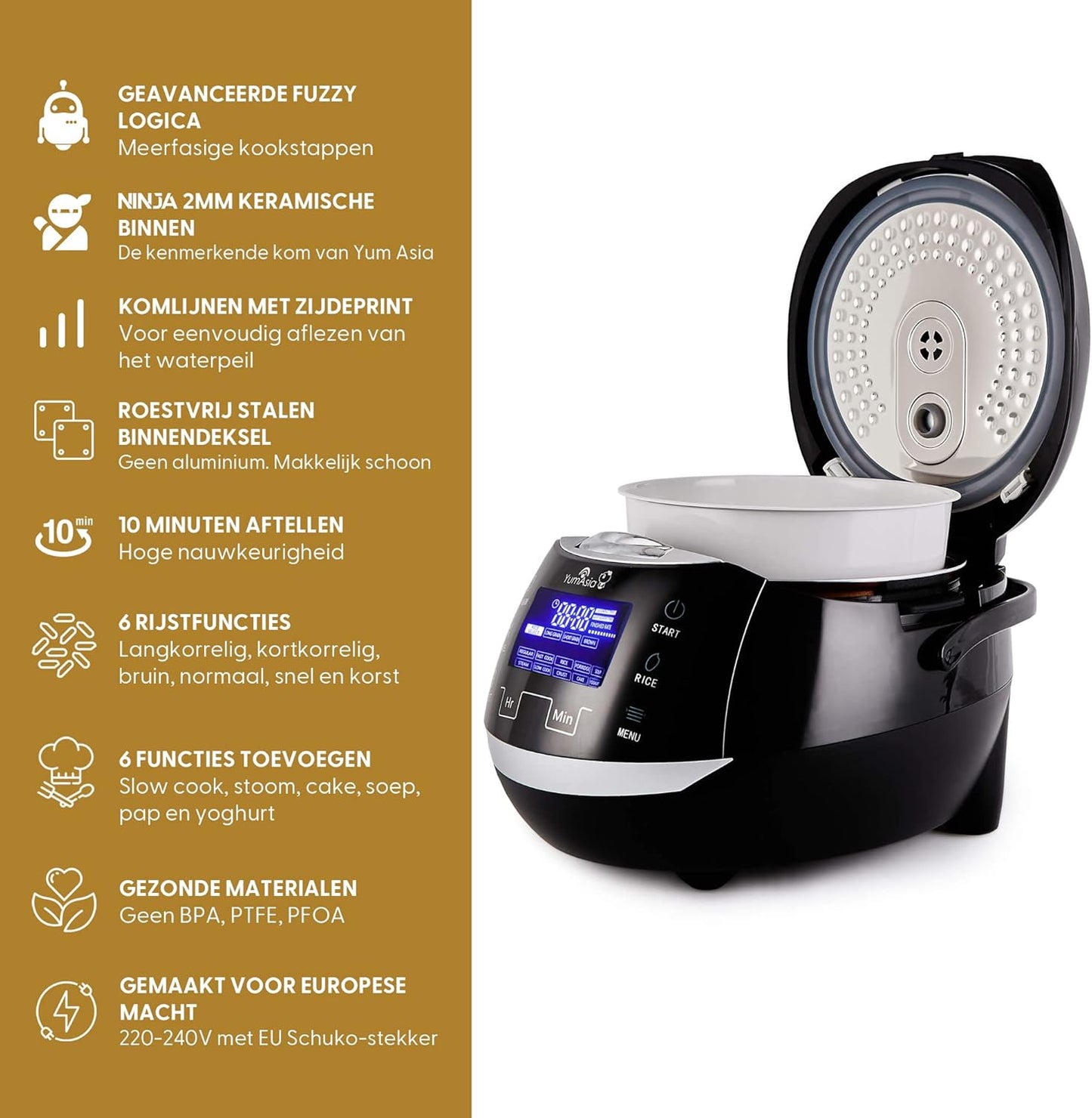 Yum Asia Sakura rijstkoker met keramische kom Over dit item PERFECTE RIJST MET EEN DRUK OP DE KNOP - Instellingen voor wit / langkorrelig, kortkorrelig / sushi en zilvervliesrijst met behulp van 7 verschillende kookfasen om automatisch de beste smaak, tex