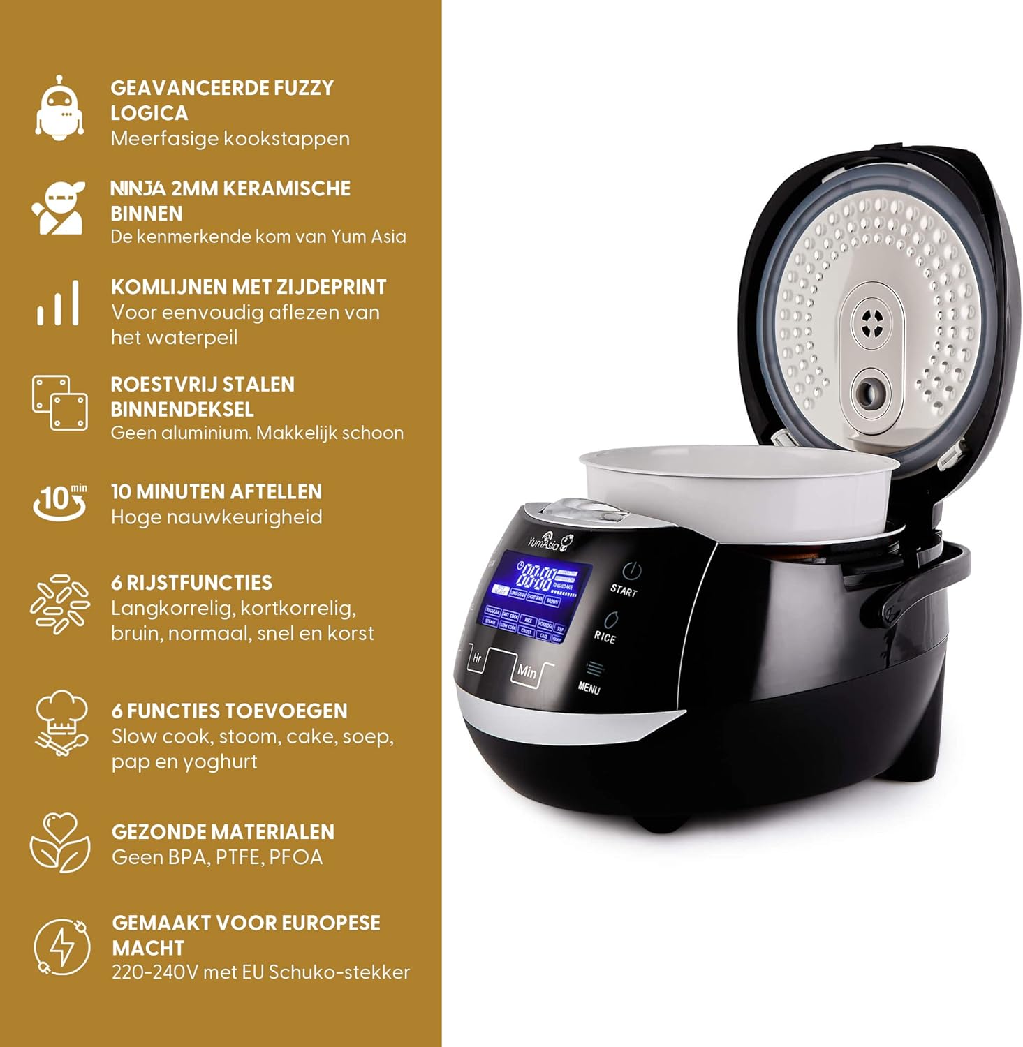 Yum Asia Sakura rijstkoker met keramische kom Over dit item PERFECTE RIJST MET EEN DRUK OP DE KNOP - Instellingen voor wit / langkorrelig, kortkorrelig / sushi en zilvervliesrijst met behulp van 7 verschillende kookfasen om automatisch de beste smaak, tex