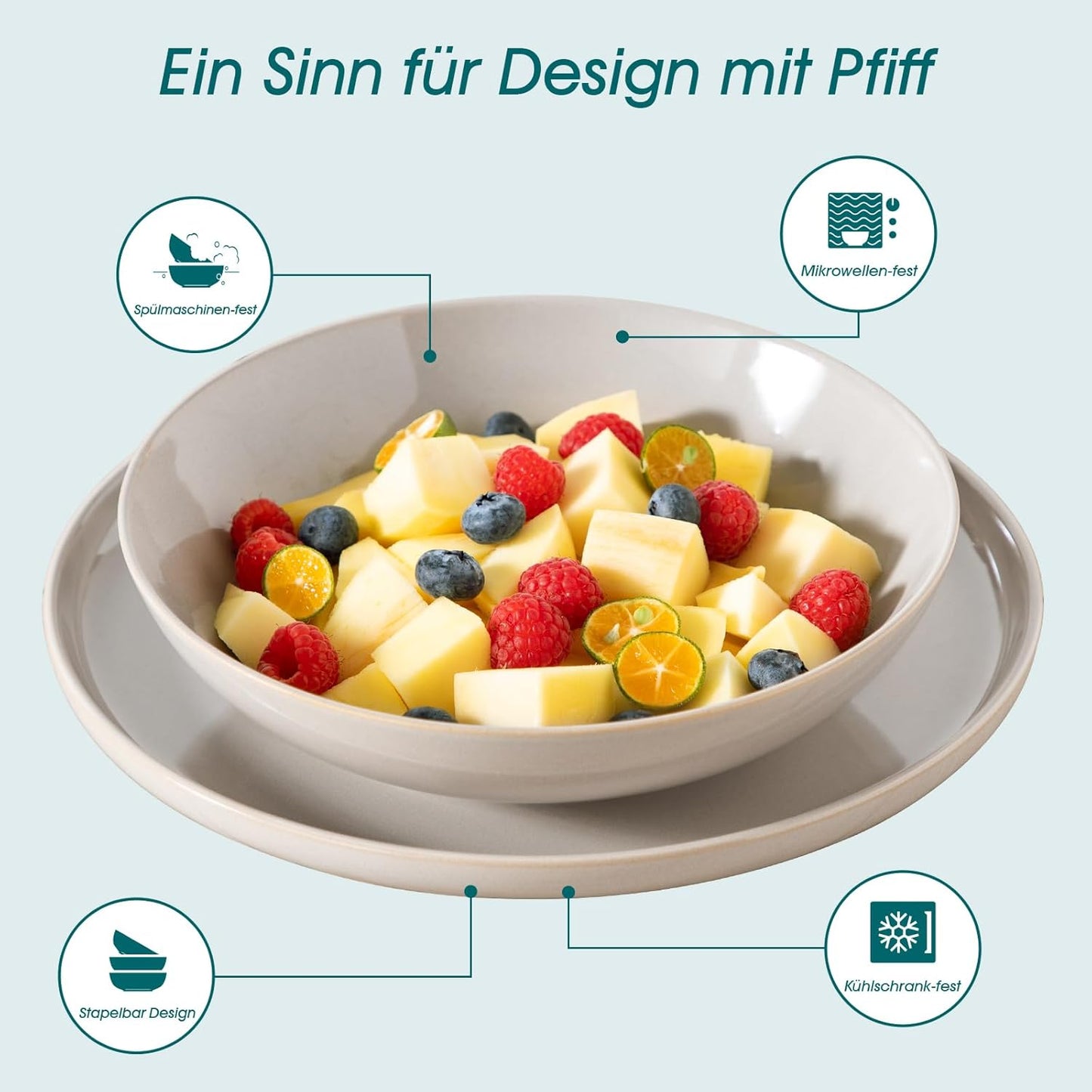 vancasso PLAYA Tafelservies voor 6 personen, 18-delig, modern, aardewerk serviesset, bevat kom, dessertborden en platte borden, vaatwasmachinebestendig, blauw Compleet assortiment servies: de moderne vancasso PLAYA serviesset voor 6 personen omvat 6 komme