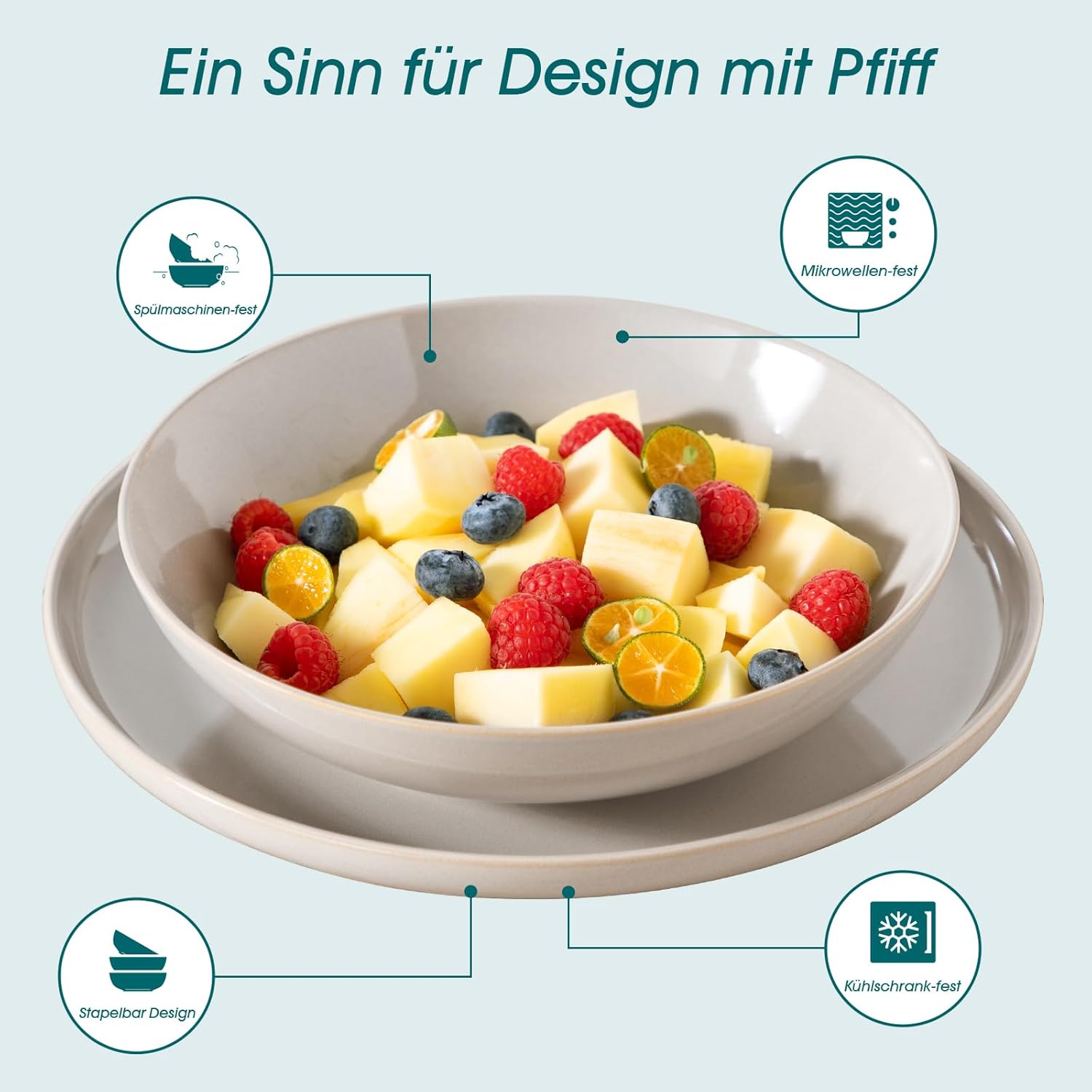 vancasso PLAYA Tafelservies voor 6 personen, 18-delig, modern, aardewerk serviesset, bevat kom, dessertborden en platte borden, vaatwasmachinebestendig, blauw Compleet assortiment servies: de moderne vancasso PLAYA serviesset voor 6 personen omvat 6 komme