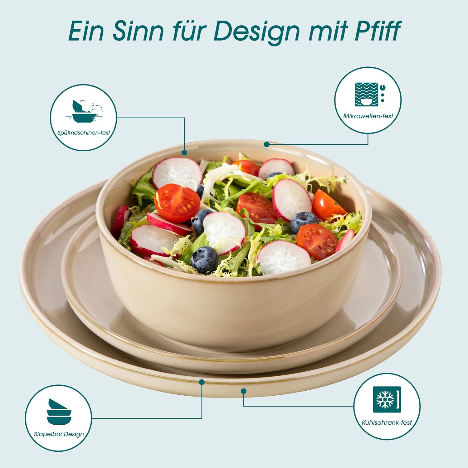 vancasso PLAYA Tafelservies voor 6 personen, 18-delig, modern, aardewerk serviesset, bevat kom, dessertborden en platte borden, vaatwasmachinebestendig, blauw Compleet assortiment servies: de moderne vancasso PLAYA serviesset voor 6 personen omvat 6 komme