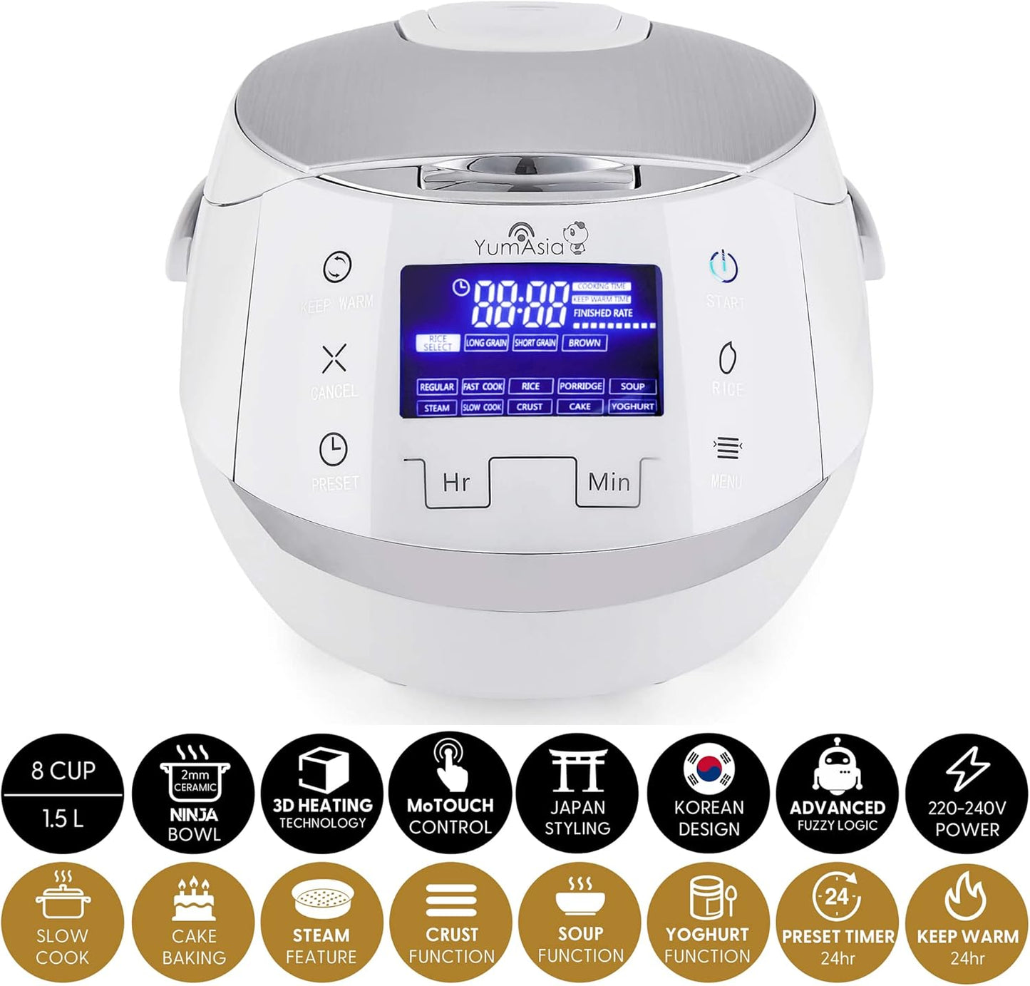 Yum Asia Sakura rijstkoker met keramische kom Over dit item PERFECTE RIJST MET EEN DRUK OP DE KNOP - Instellingen voor wit / langkorrelig, kortkorrelig / sushi en zilvervliesrijst met behulp van 7 verschillende kookfasen om automatisch de beste smaak, tex