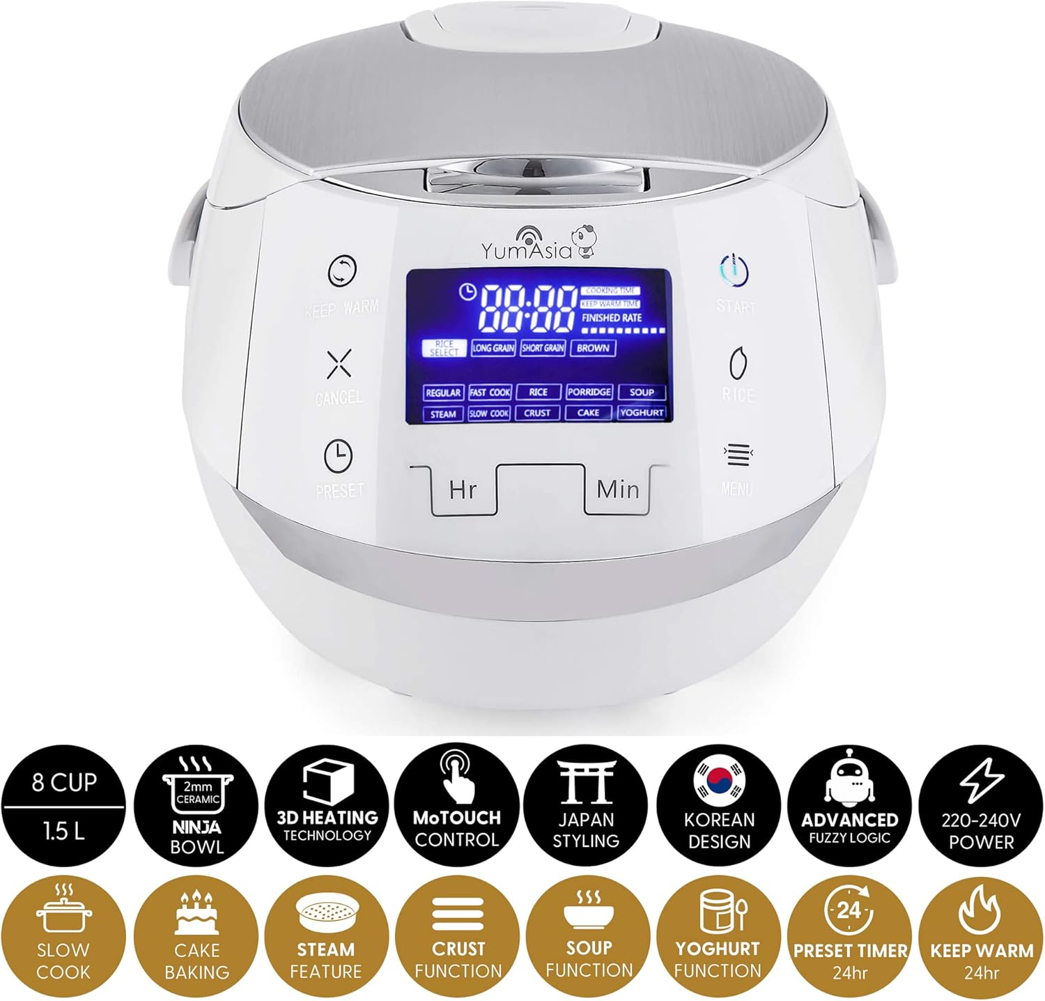 Yum Asia Sakura rijstkoker met keramische kom Over dit item PERFECTE RIJST MET EEN DRUK OP DE KNOP - Instellingen voor wit / langkorrelig, kortkorrelig / sushi en zilvervliesrijst met behulp van 7 verschillende kookfasen om automatisch de beste smaak, tex