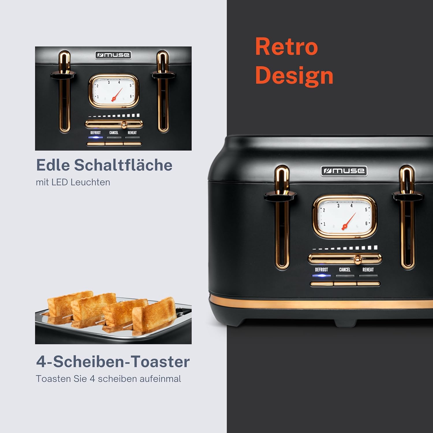 Muse Roestvrijstalen broodrooster in zwart retro design, analoge weergave Over dit item Retro van buiten, modern van binnenin: de broodrooster is een echte blikvanger en wordt door gasten altijd goed bekeken. Met zijn coole analoge weergave en de leuke ac