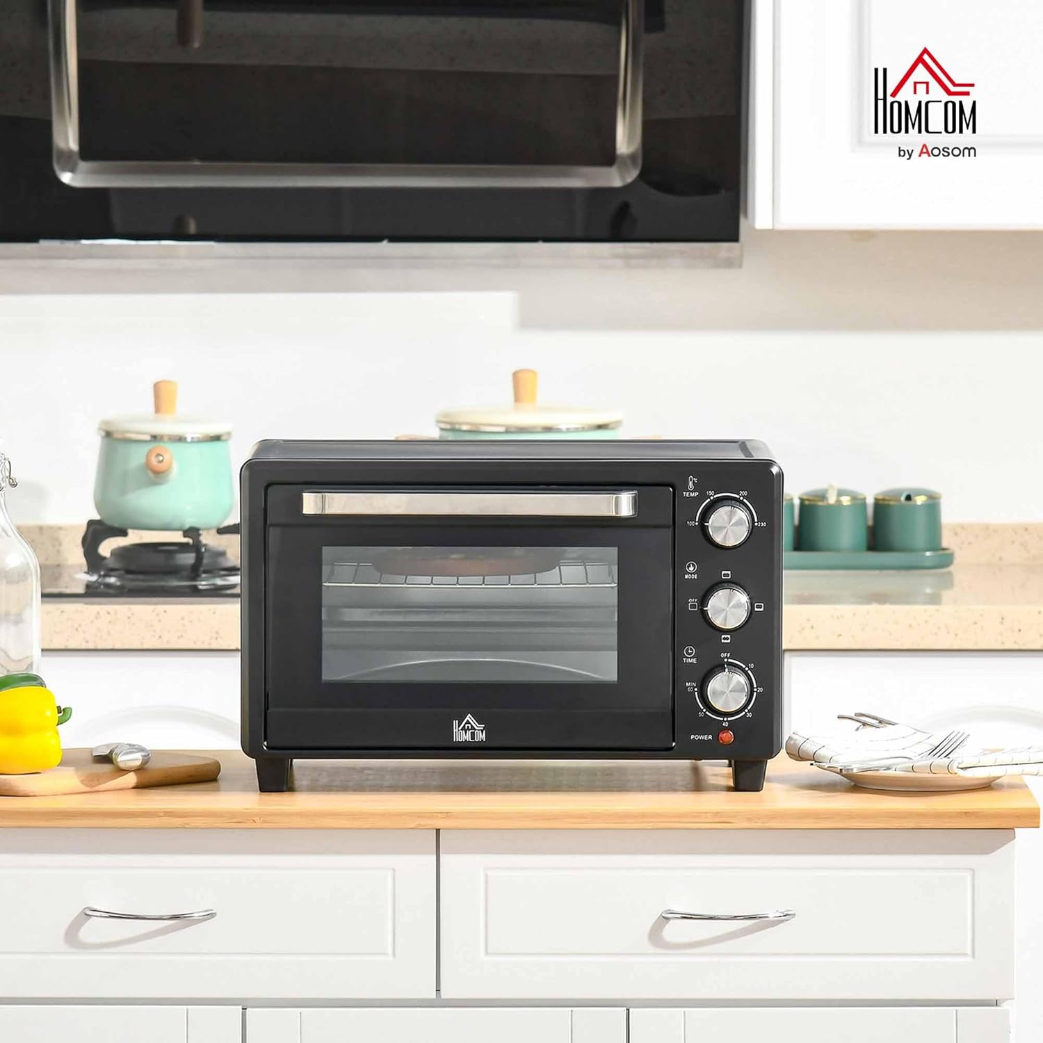 HOMCOM Mini Backoven 21L Pizza-Oven Individuell einstellbare Kocherlebnisse: Mit einer Temperaturwahl von 100 °C bis 230 °C und einem einstellbaren Timer des Tischbackofens bis zu 60 Minuten können Sie jedes Gericht genau nach Ihren Wünschen zubereiten. O