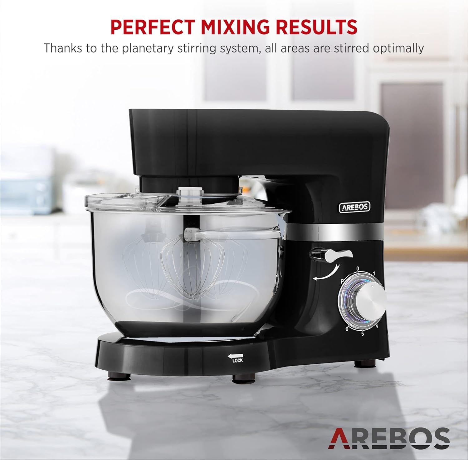 Arebos Keukenmachine 1500W Cream | Mixer met 2x roestvrijstalen mengkommen | Geluidsarm | Keukenmixer met klopperhaak, kneedhaak, garde en spatscherm | 6 snelheden 【Krachtige 1500W-motor met 6 snelheidsinstellingen】De krachtige 1500W-motor is gemaakt is g